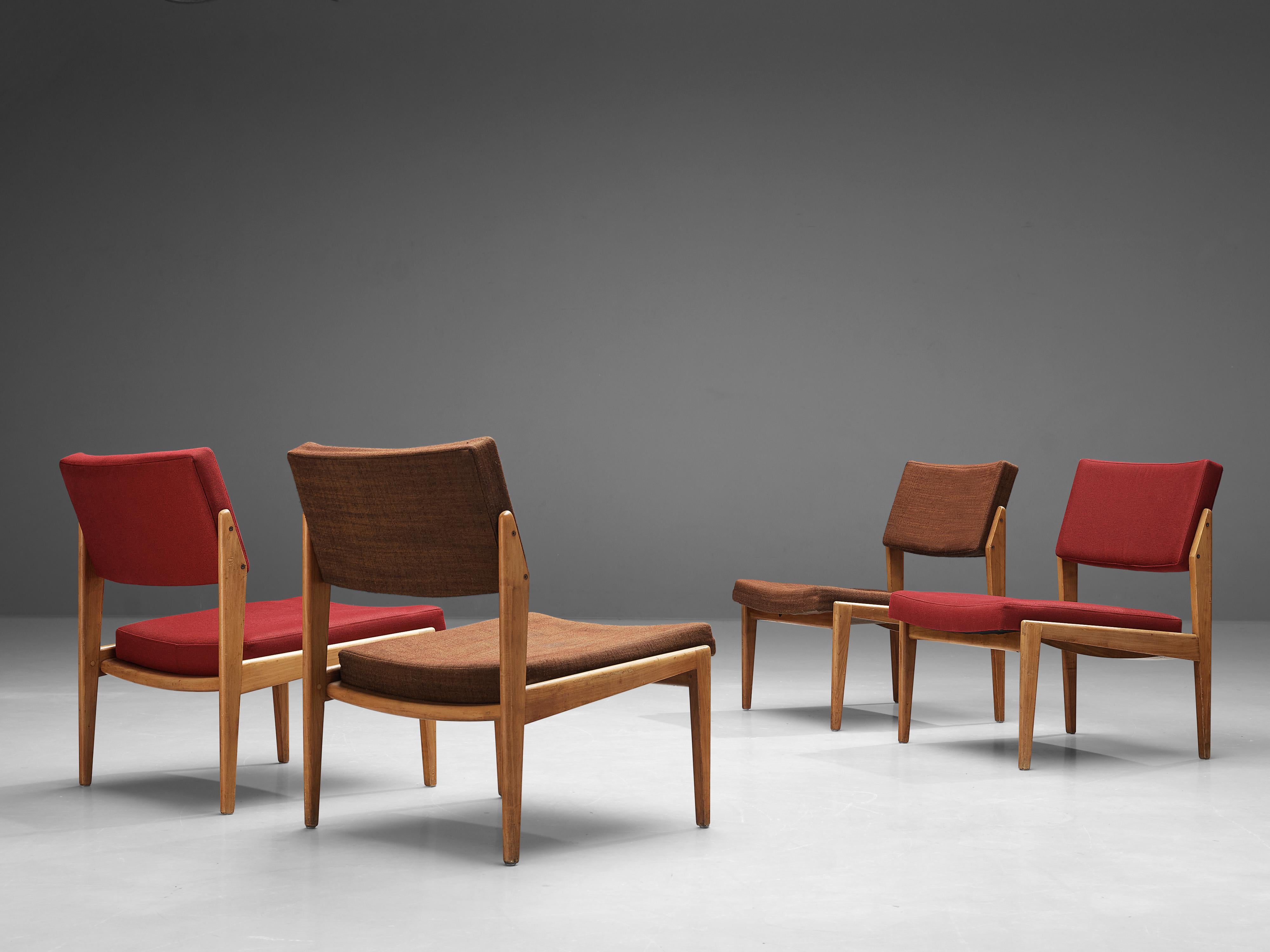 Mid-20th Century Thonet Set of Four Chairs in Cherry and Brown Red Upholstery For Sale