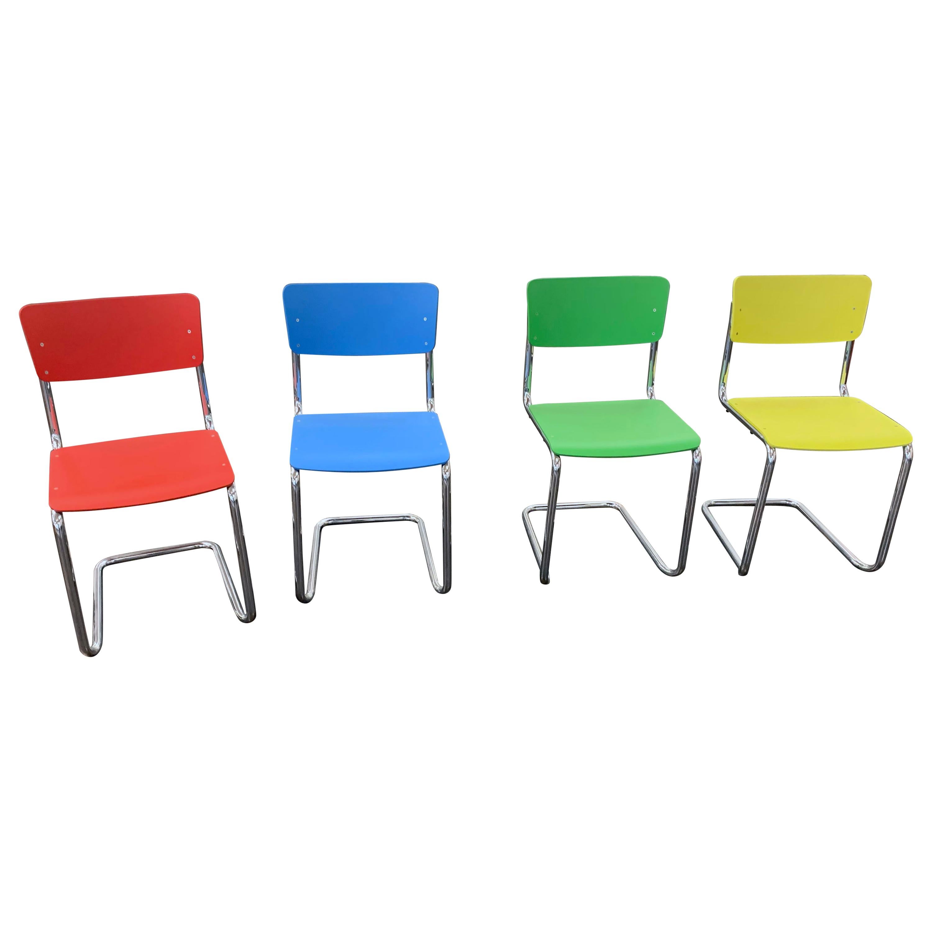 Thonet Set of Four Red, Blue, Yellow and Green S43St Cantilever Stackable Chairs
