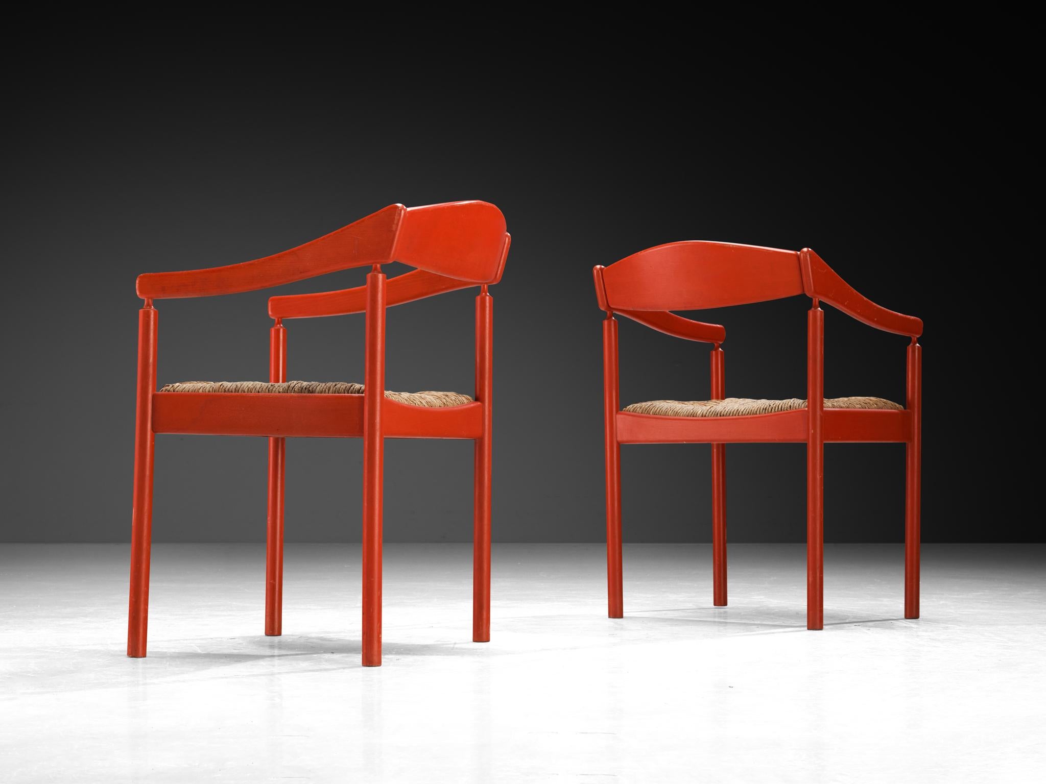 Mid-Century Modern Ensemble Thonet de douze fauteuils avec cadre laqué rouge et sièges en jonc en vente