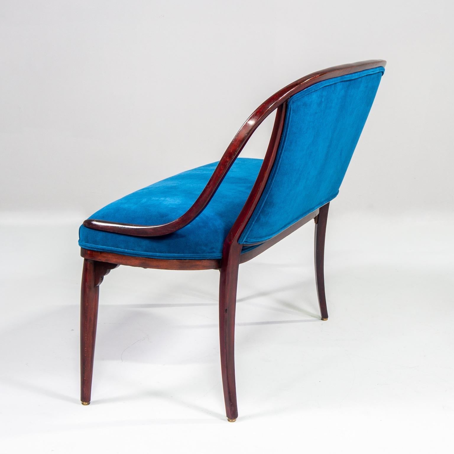 Thonet Settee with New Teal Blue Velvet Upholstery In Good Condition In Troy, MI