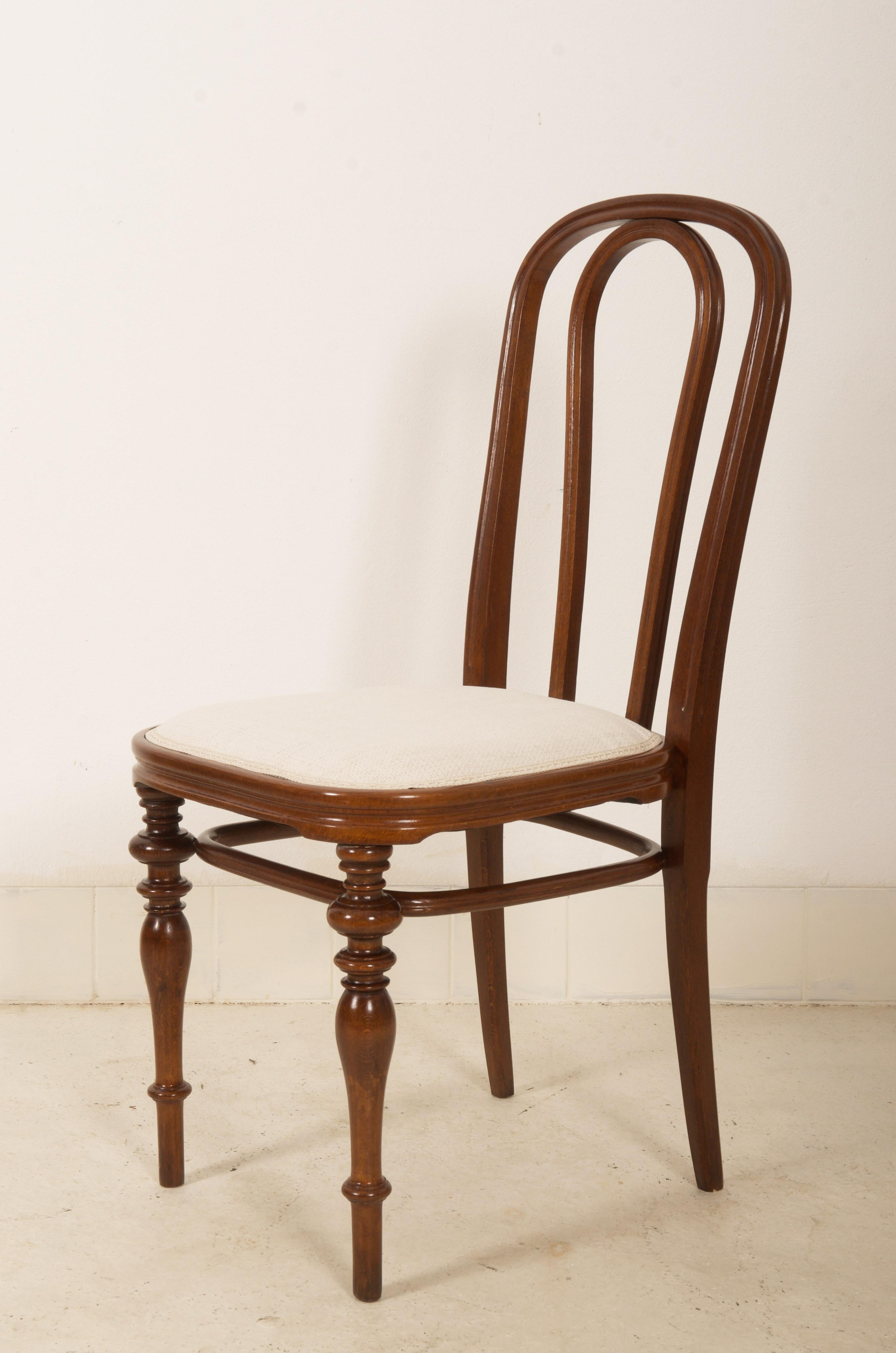 Beech bentwood frame with upholsterd seat. Manufactured by Thonet in Austria about 1880. 