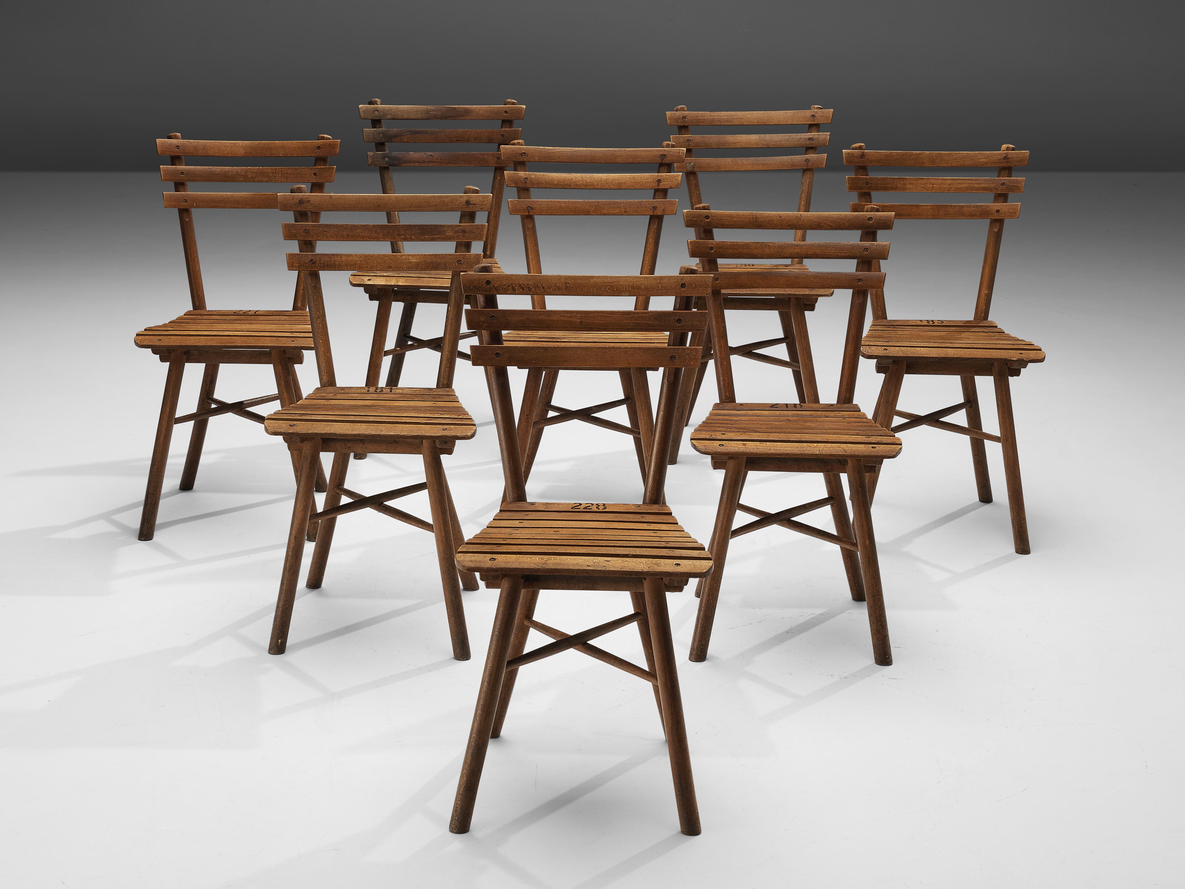 Mid-Century Modern Thonet Slat Chairs in Patinated Wood