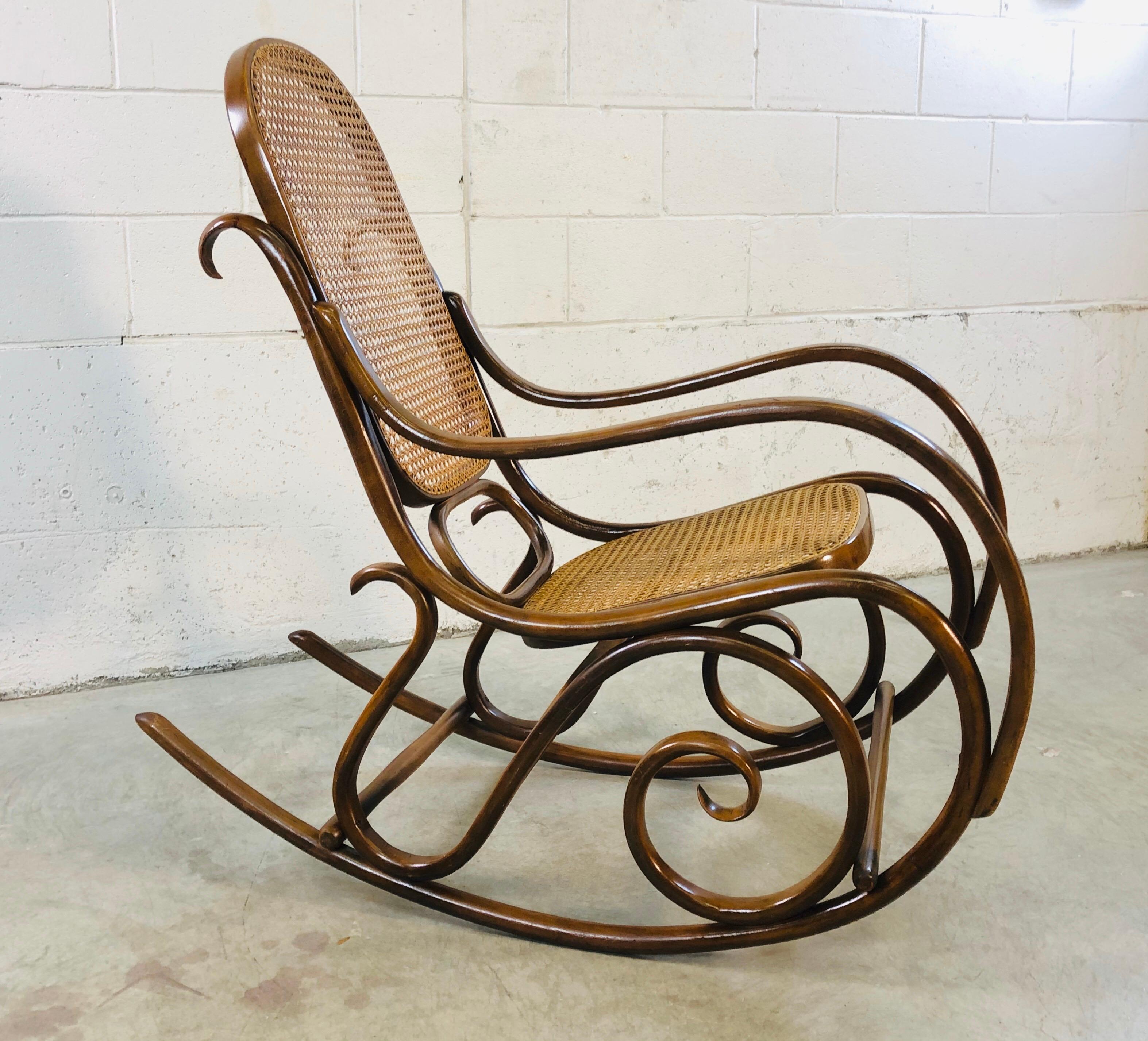 Mid-Century Modern Thonet Style Beechwood and Cane Rocking Chair
