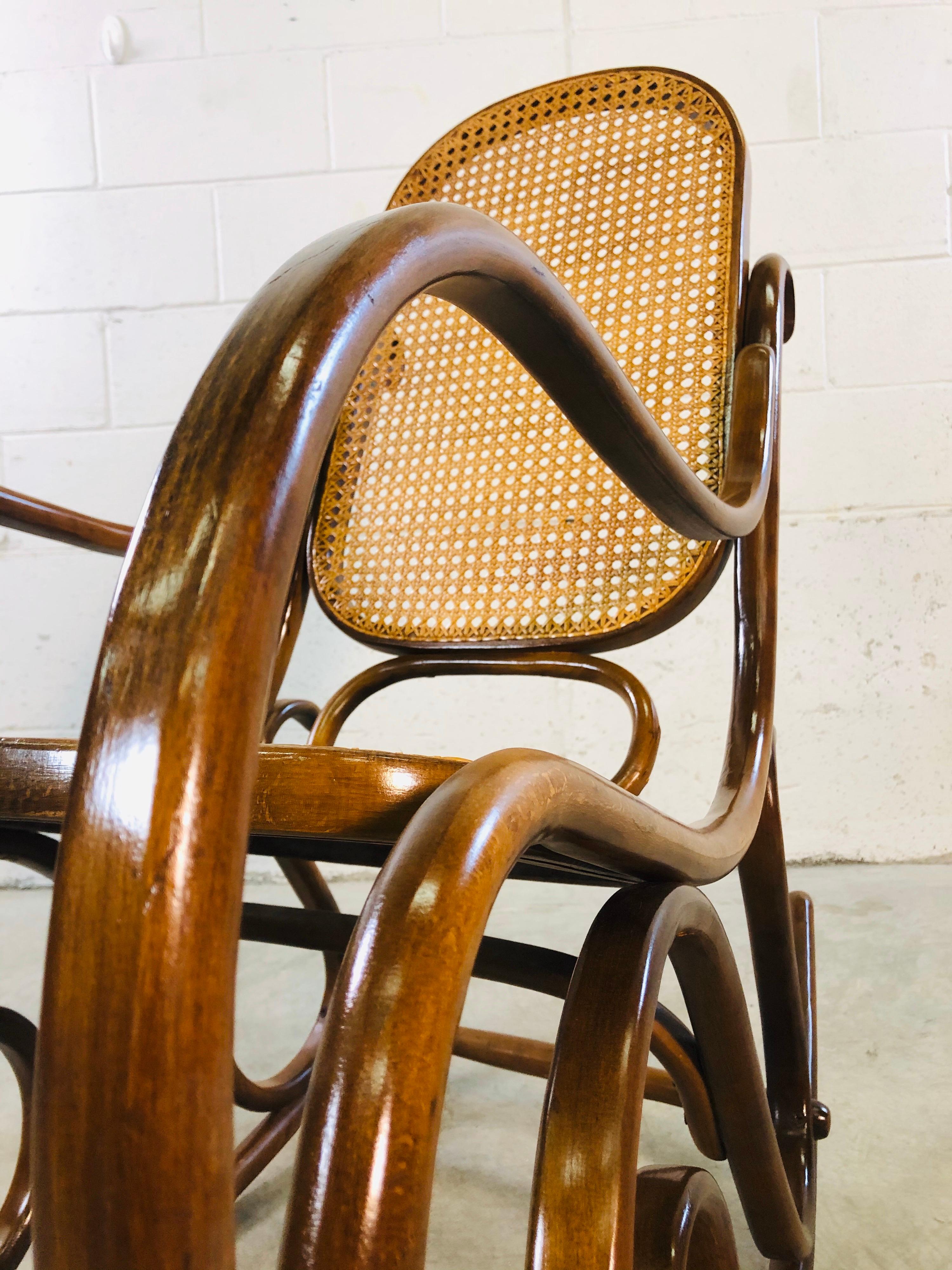 20th Century Thonet Style Beechwood and Cane Rocking Chair