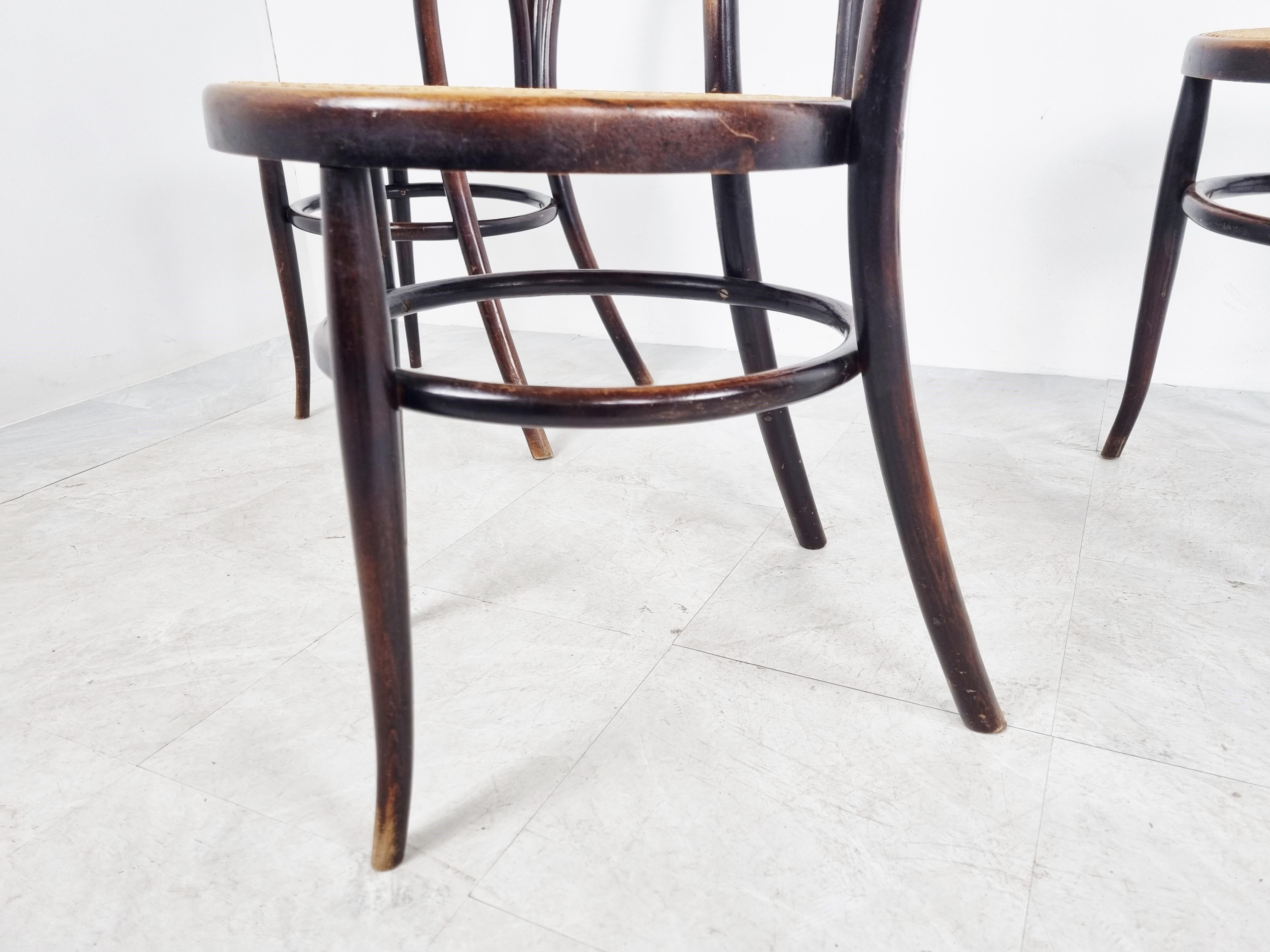 Set of 4 rare and very elegant bentwood dining chairs.

Not labelled but possibly Thonet.

Beautiful bentwood frames with caned seats.

Good condition

1920s - Austria (?)

Dimensions:

Width: 43 cm/16.9 inch
Depth: 52 cm/20.5