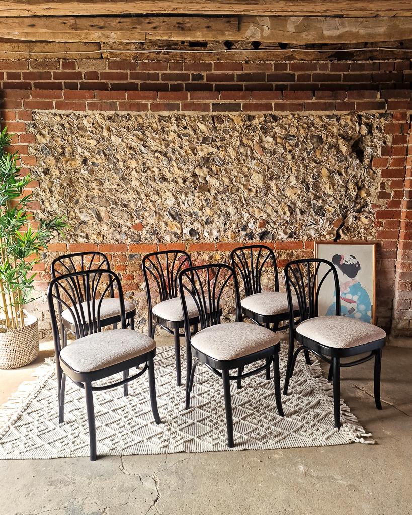 Ce magnifique ensemble de six chaises de salle à manger en bois courbé d'inspiration Thonet attire l'attention par son élégance stupéfiante et sa charmante patine aux accents post-modernes. Ces superbes chaises complèteront parfaitement une salle à