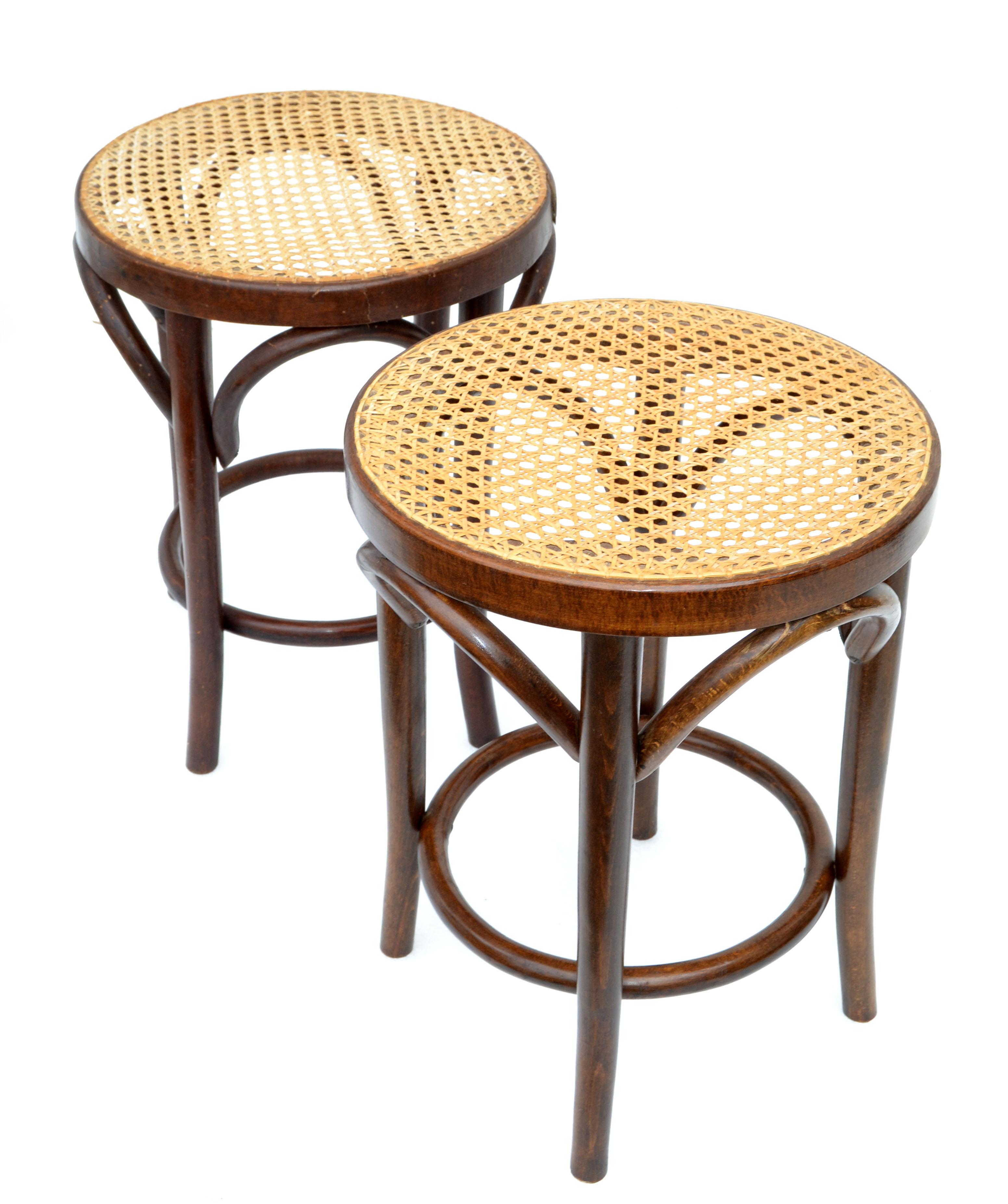 French Thonet Style Bentwood Stool & Handwoven Cane Seat Mid-Century Modern, 2