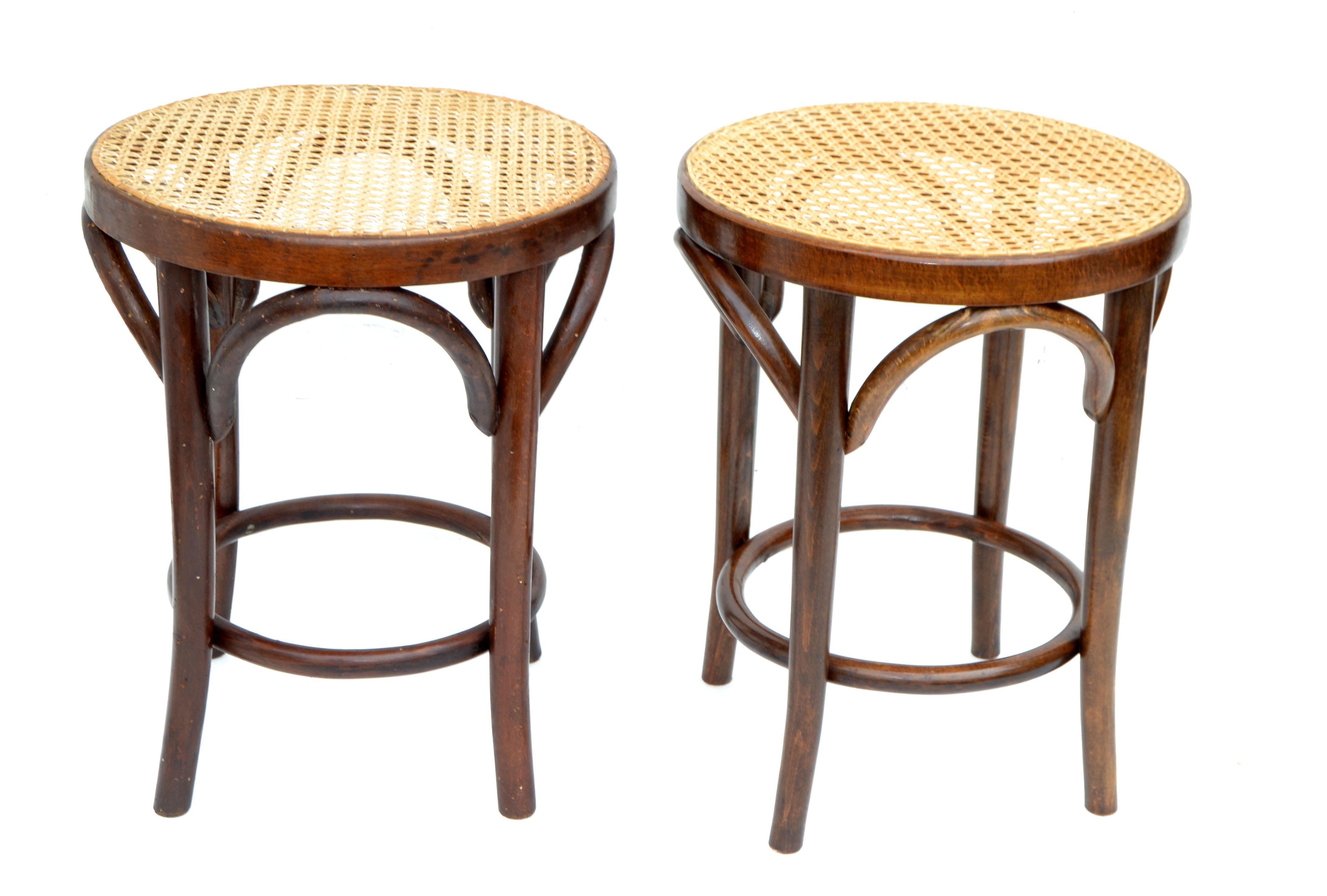 Thonet Style Bentwood Stool & Handwoven Cane Seat Mid-Century Modern, 2 In Good Condition In Miami, FL