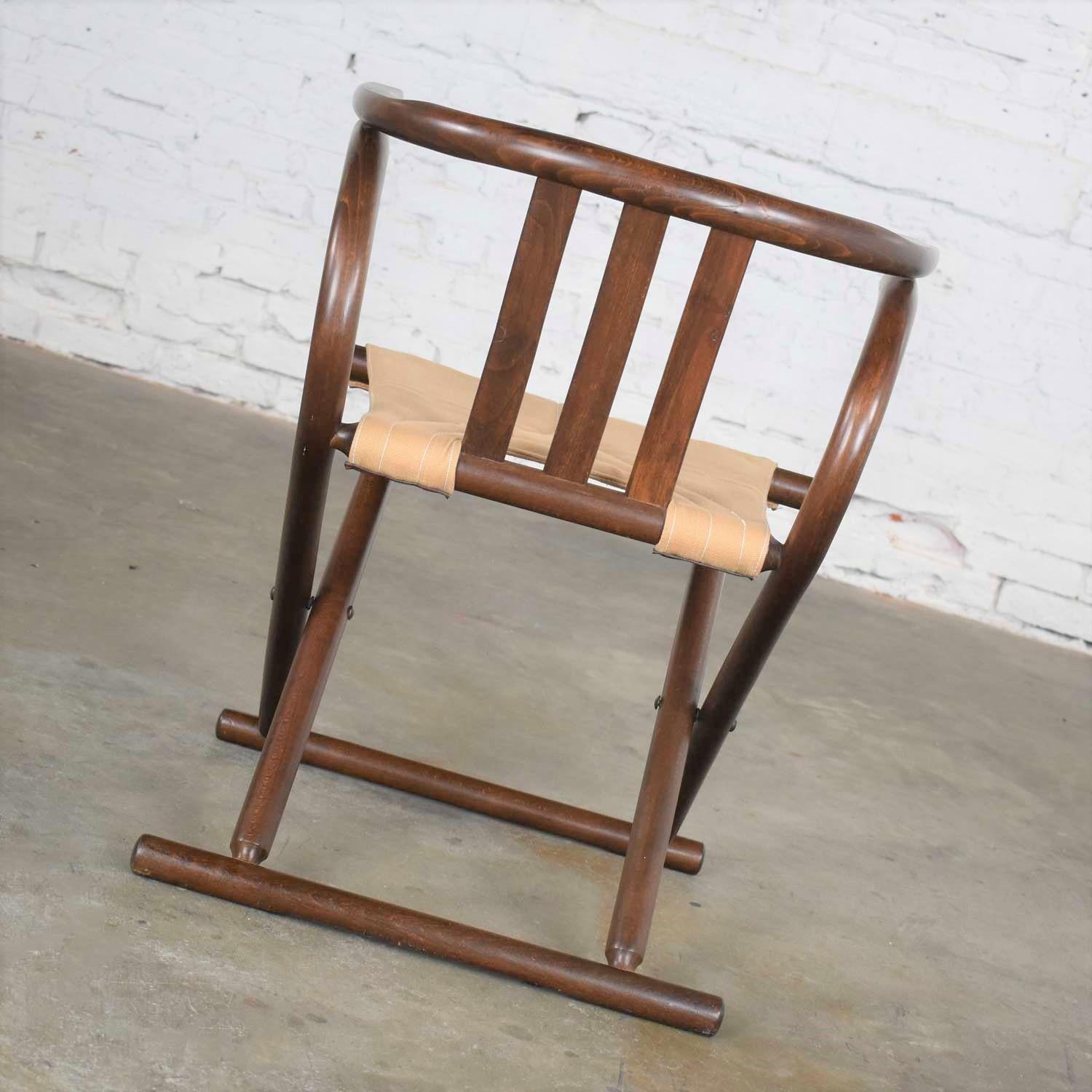 Bauhaus Thonet Style Bentwood Walnut Tone Folding Chair with Canvas Sling Seat, Romania
