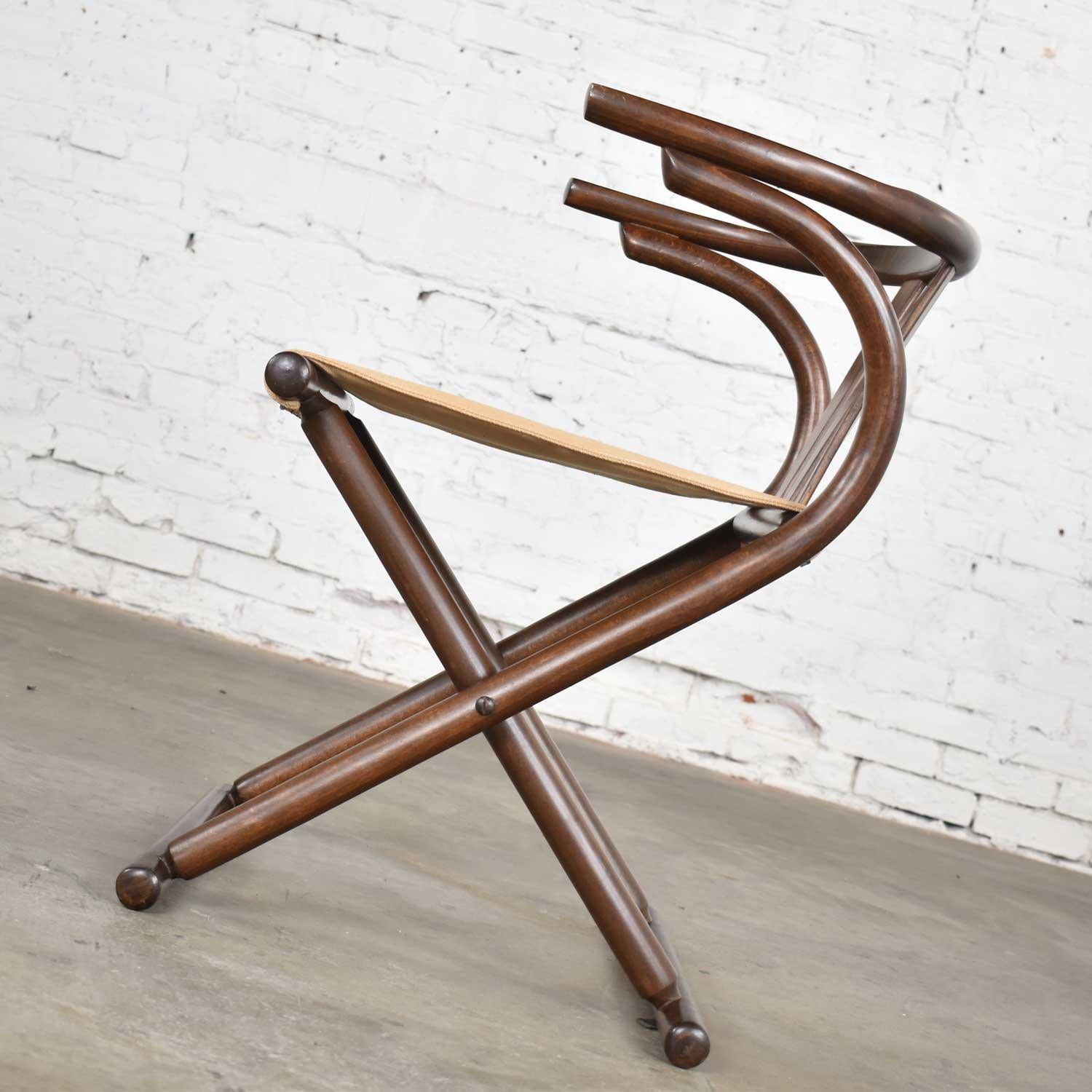 Romanian Thonet Style Bentwood Walnut Tone Folding Chair with Canvas Sling Seat, Romania