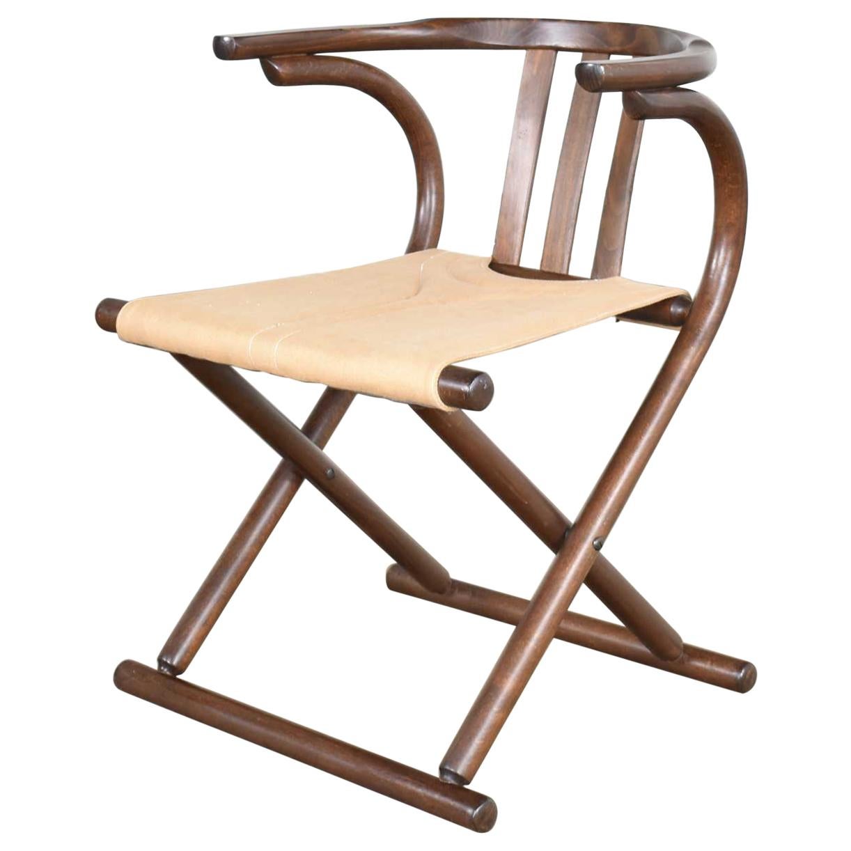 Thonet Style Bentwood Walnut Tone Folding Chair with Canvas Sling Seat, Romania