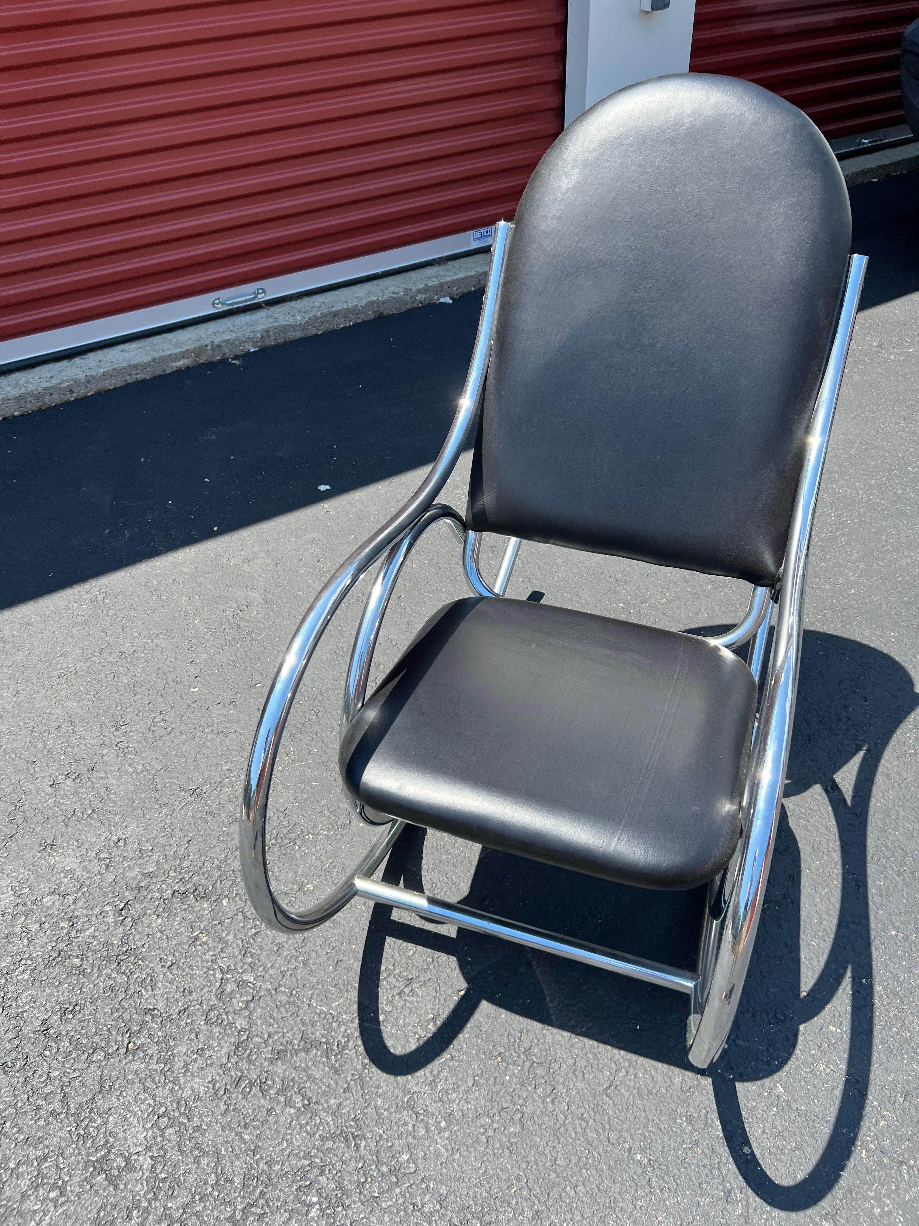 Mid-Century Modern Thonet Style Chrome Rocking Chair W/ Black Naugahyde Upholstery