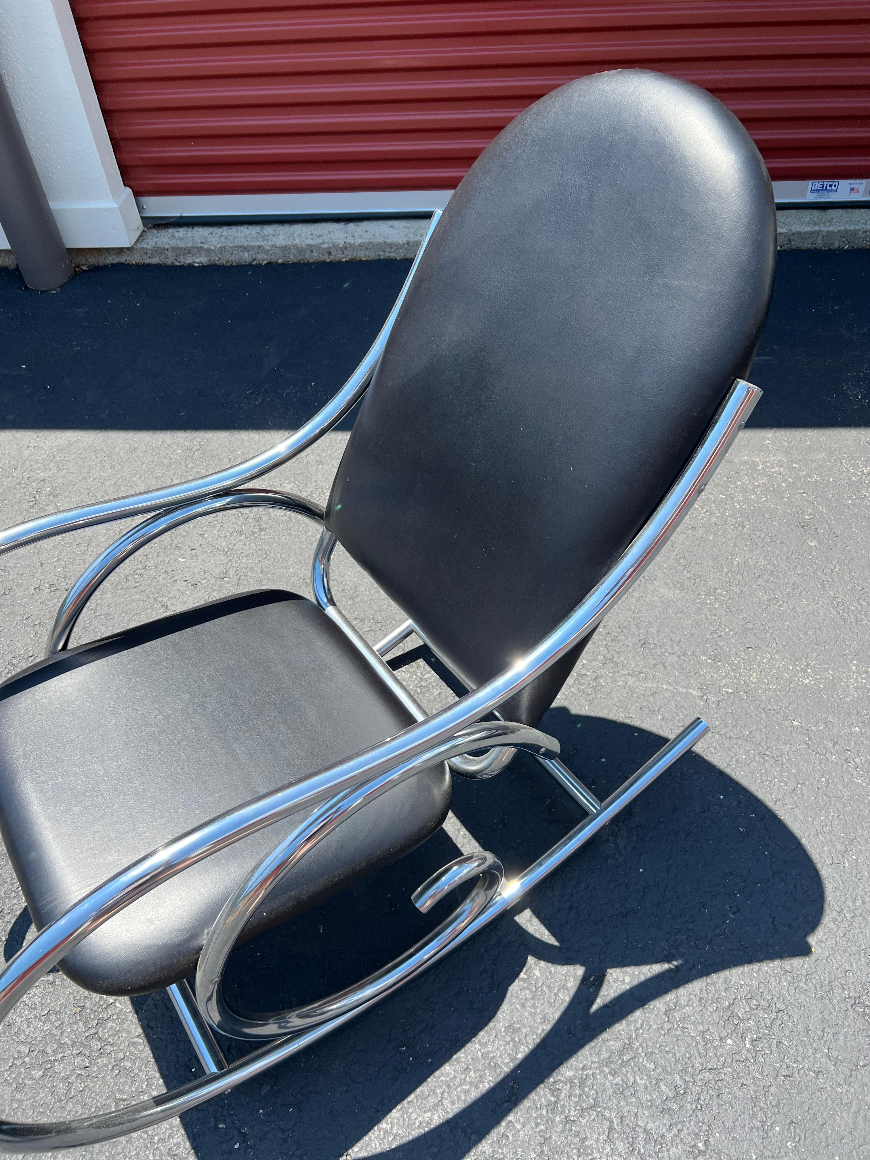 Mid-20th Century Thonet Style Chrome Rocking Chair W/ Black Naugahyde Upholstery