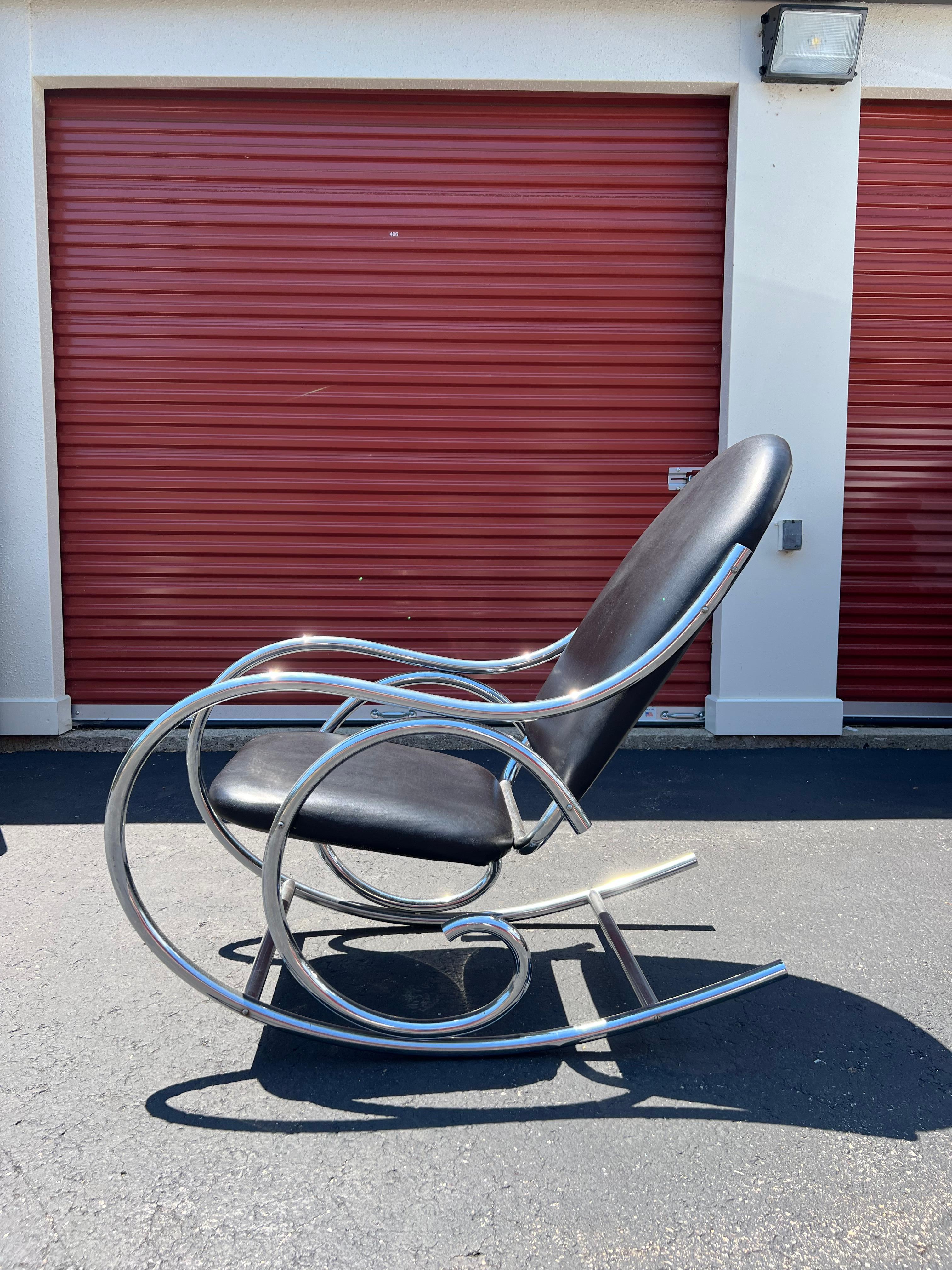 Thonet Style Chrome Rocking Chair W/ Black Naugahyde Upholstery 3