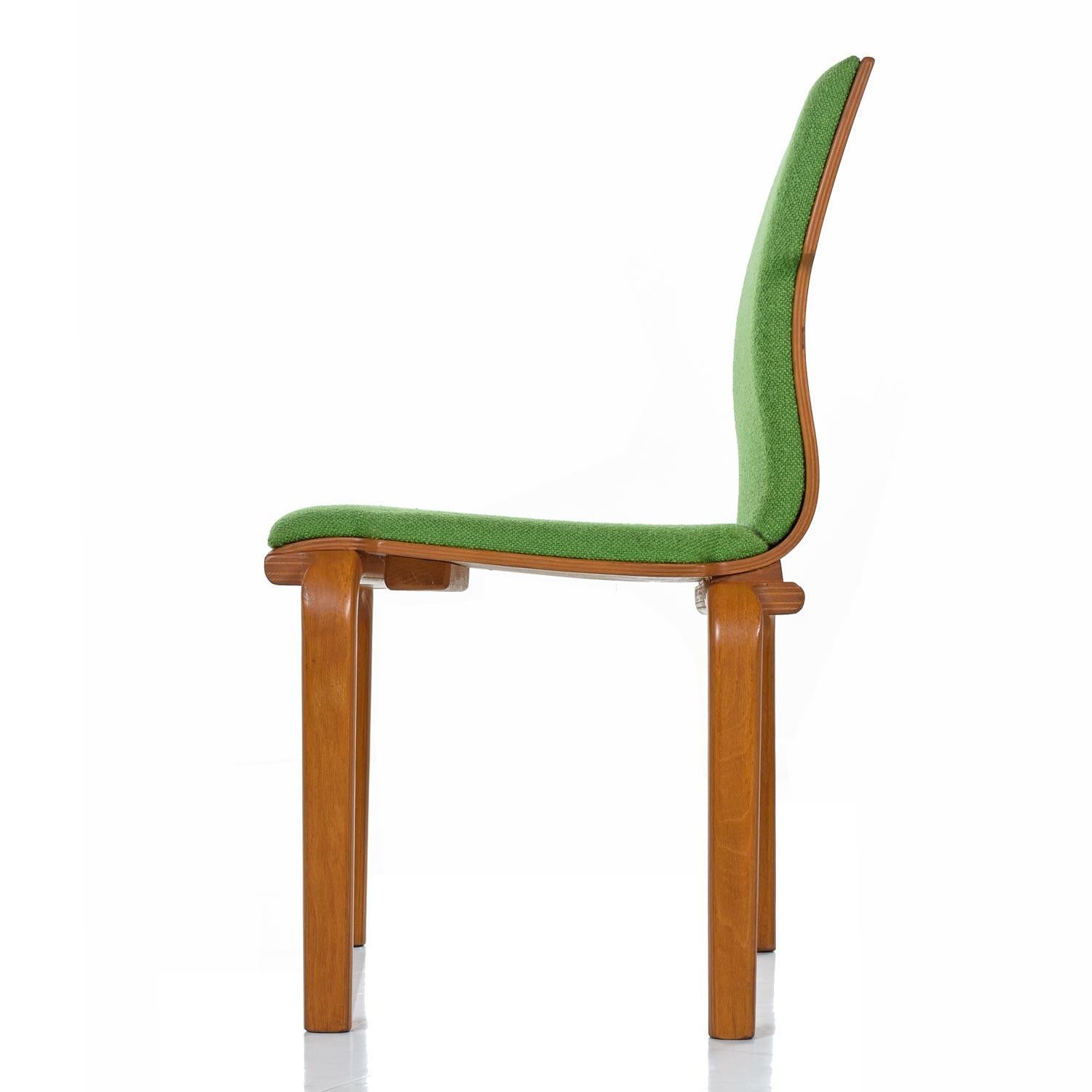 Mid-20th Century Thonet Style Mid-Century Modern Maple Bent Ply Green Wool Tweed Dining Chair Set