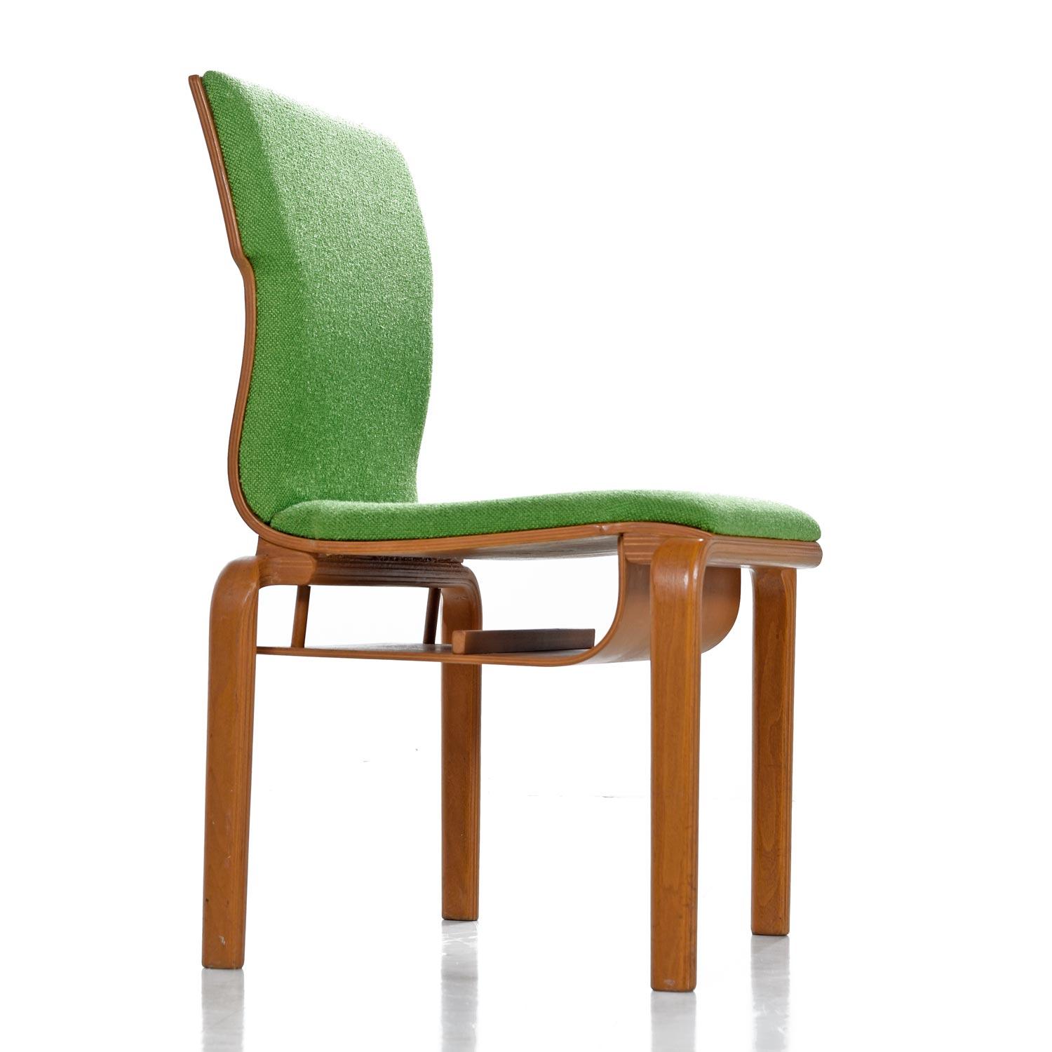 Thonet Style Mid-Century Modern Maple Bent Ply Green Wool Tweed Dining Chair Set 2
