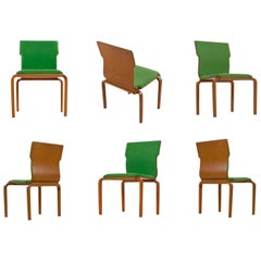 Retro Thonet Style Mid-Century Modern Maple Bent Ply Green Wool Tweed Dining Chair Set