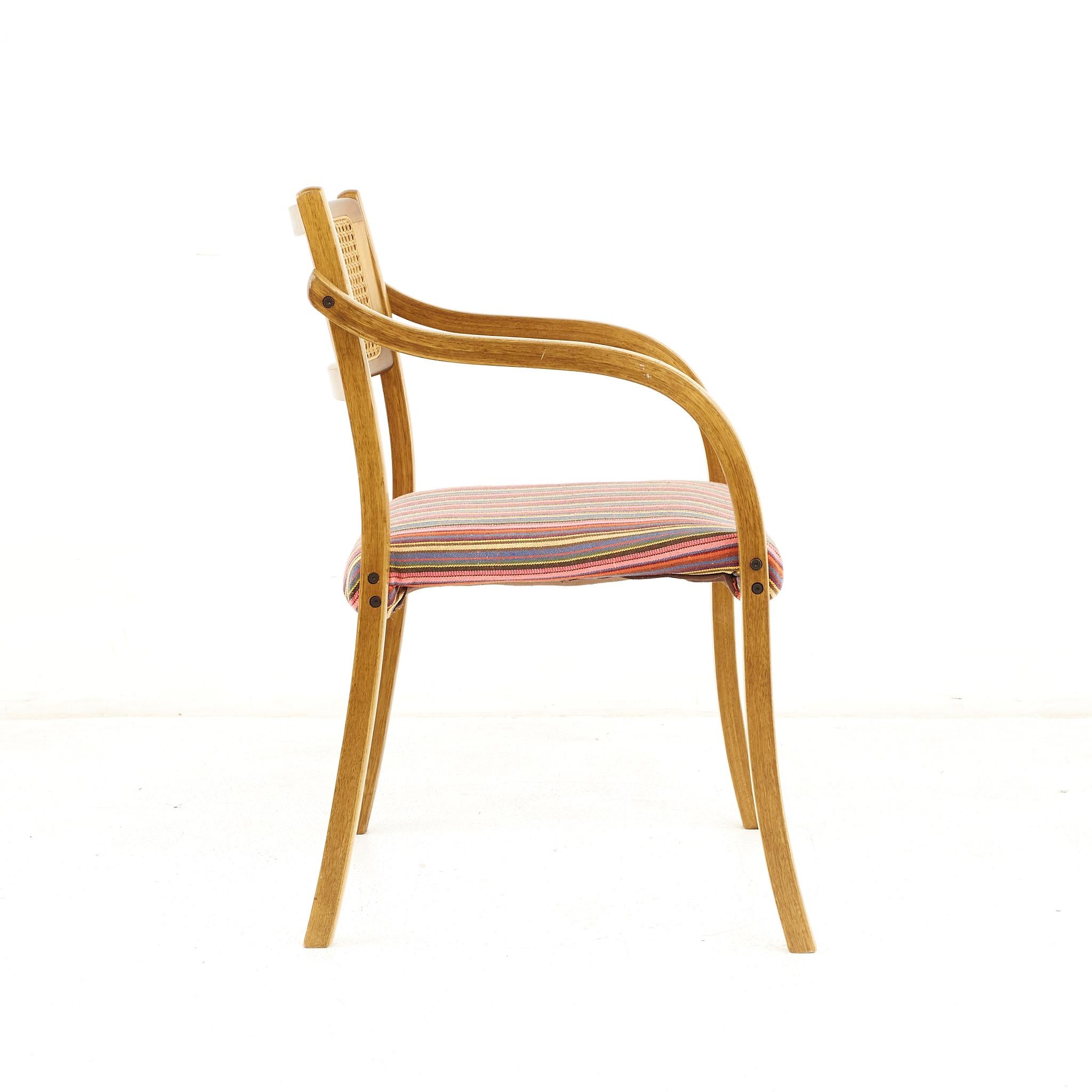Late 20th Century Thonet Style Mid Century Rattan and Bentwood Arm Chairs, Set of 4 For Sale