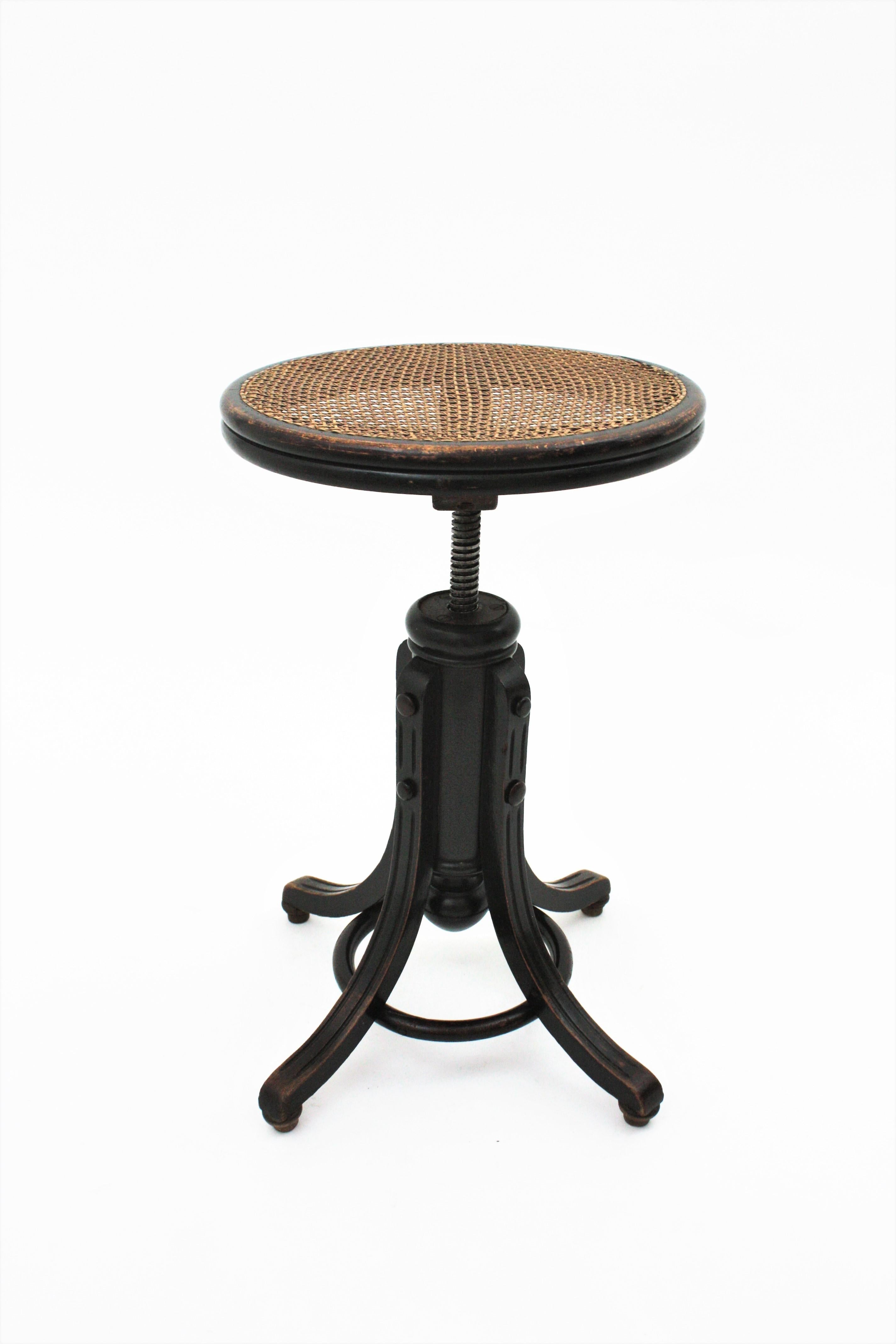Thonet Style Revolving Stool with Cane Seat For Sale 3