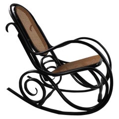 Vintage Thonet Style Rocking Chair in Black Frame with Natural Cane Seat