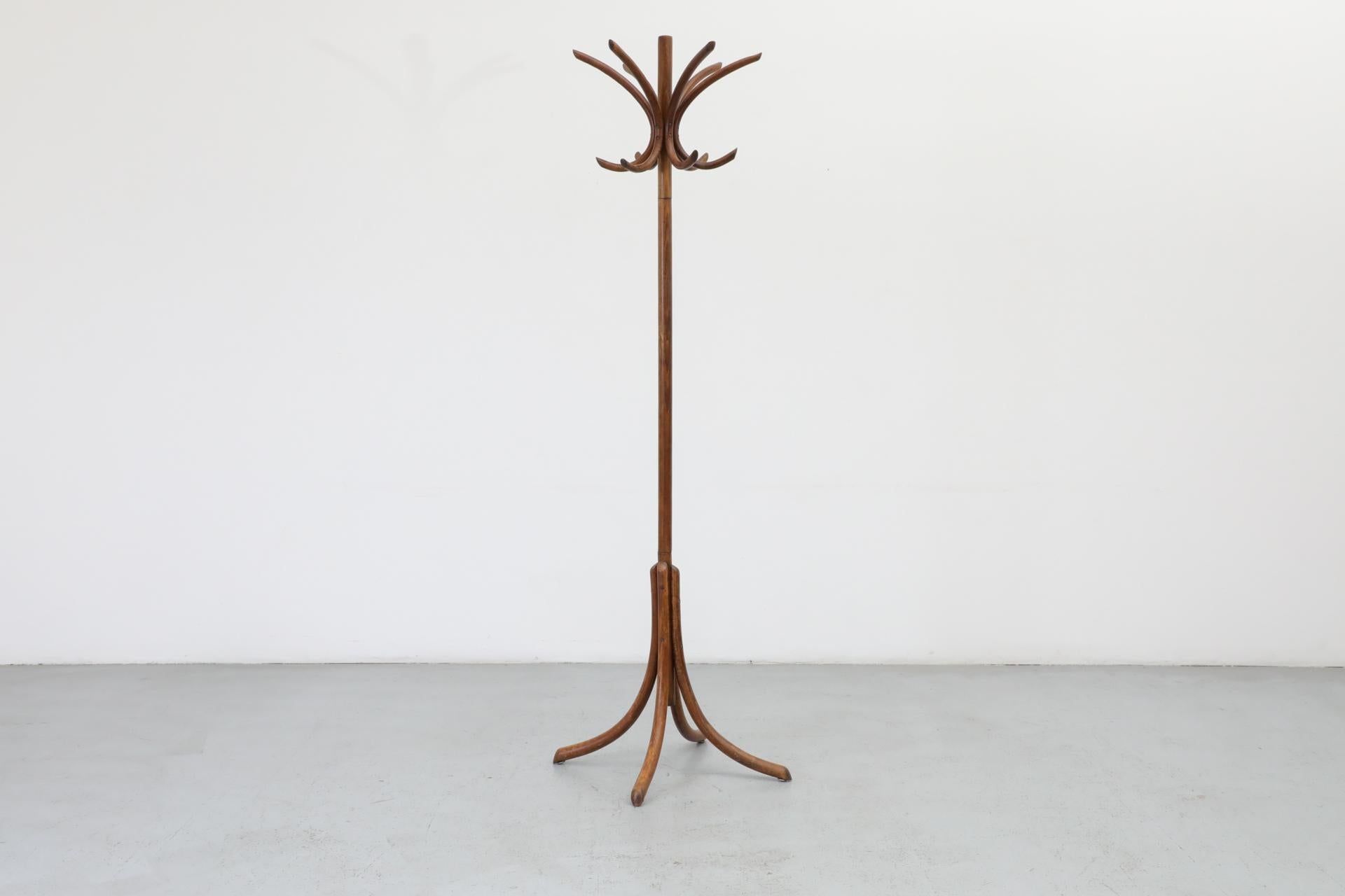 Mid-Century Modern Thonet Style Teak Toned Bentwood Standing Coat Tree
