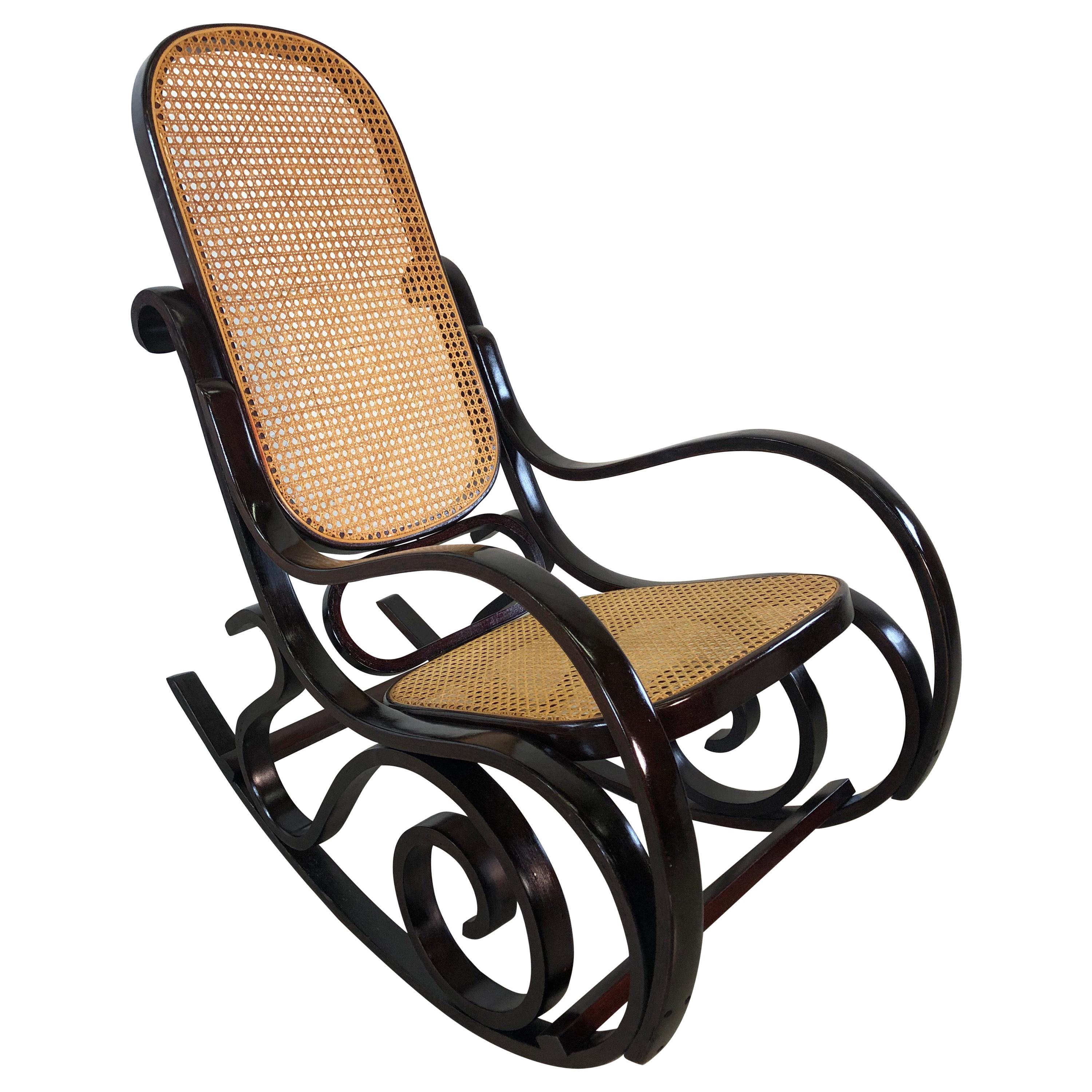 Thonet Style Wood and Cane Rocking Chair For Sale