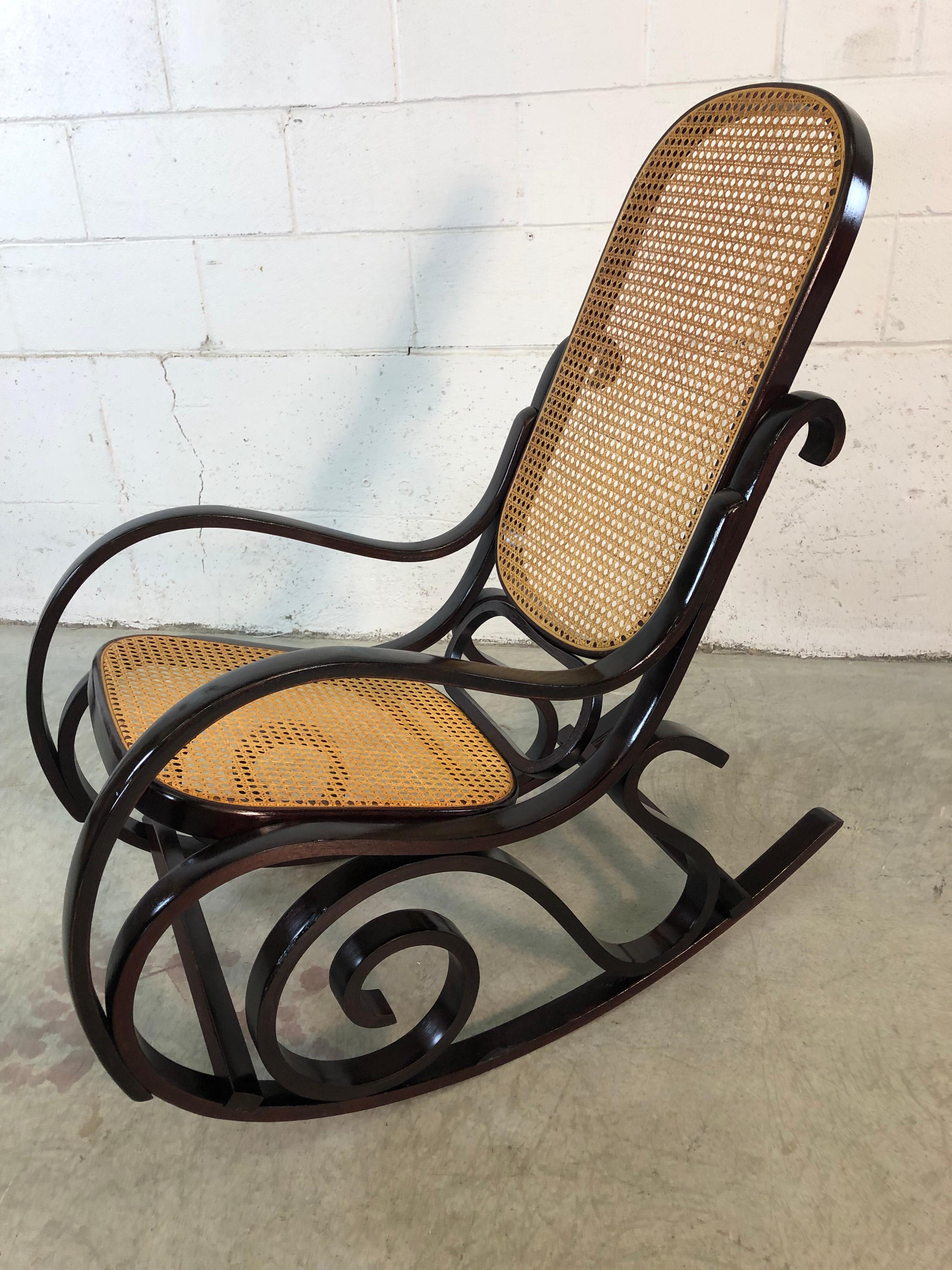 Mid-Century Modern Thonet Style Wood and Cane Rocking Chair For Sale