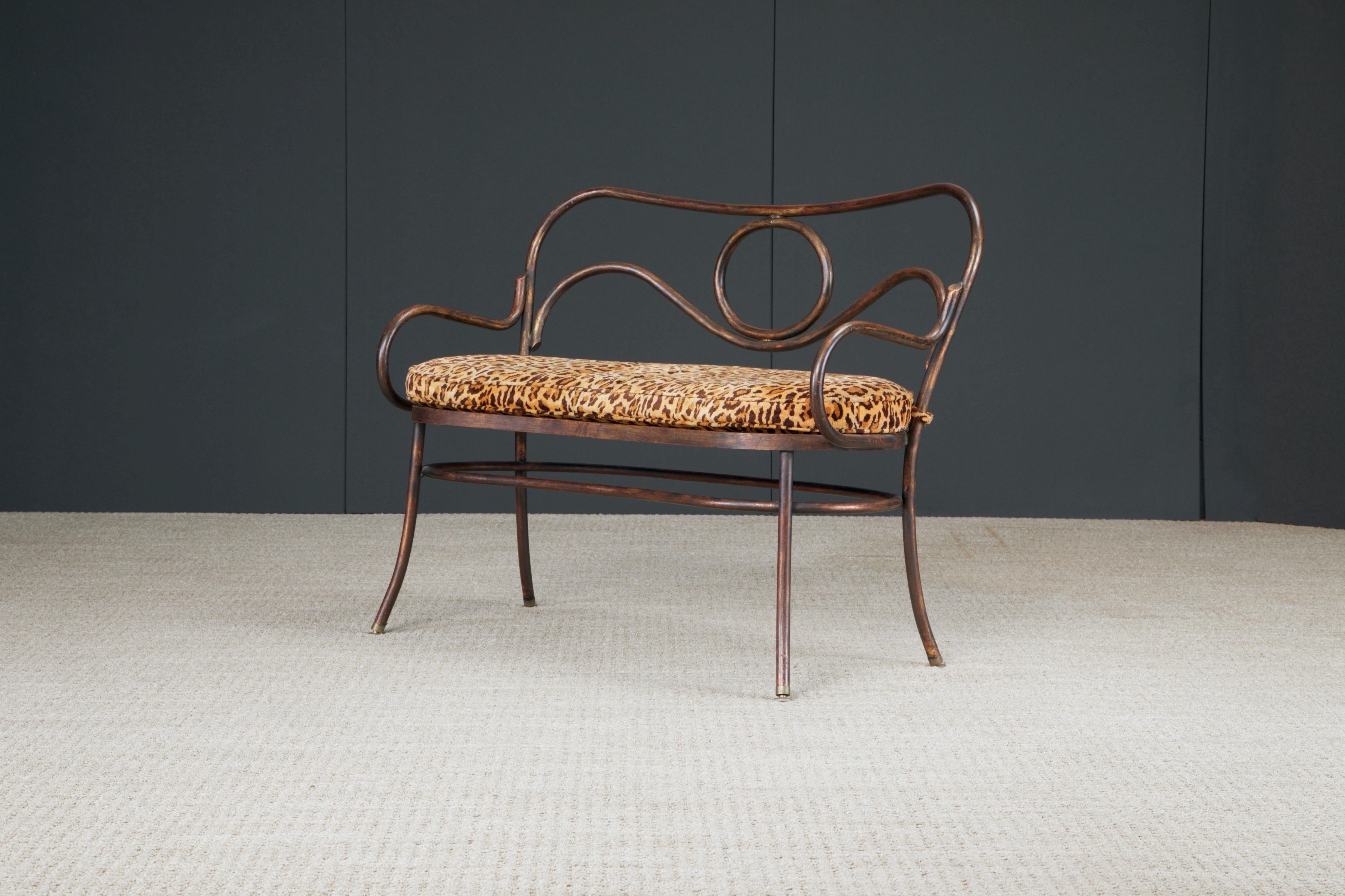 Thonet Styled Patinated Bronze Settee w Leopard Print Fabric For Sale 4