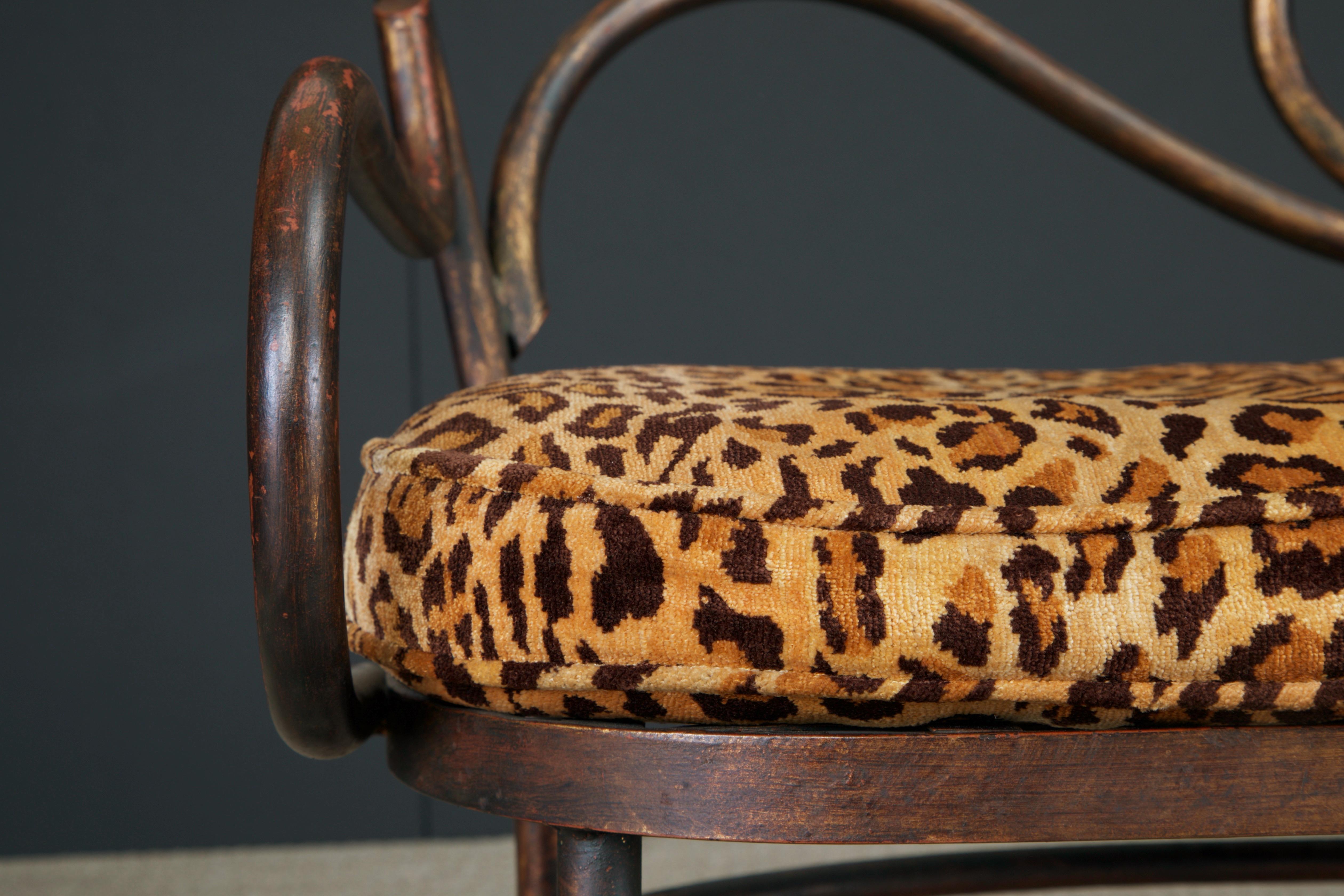 Thonet Styled Patinated Bronze Settee w Leopard Print Fabric For Sale 5