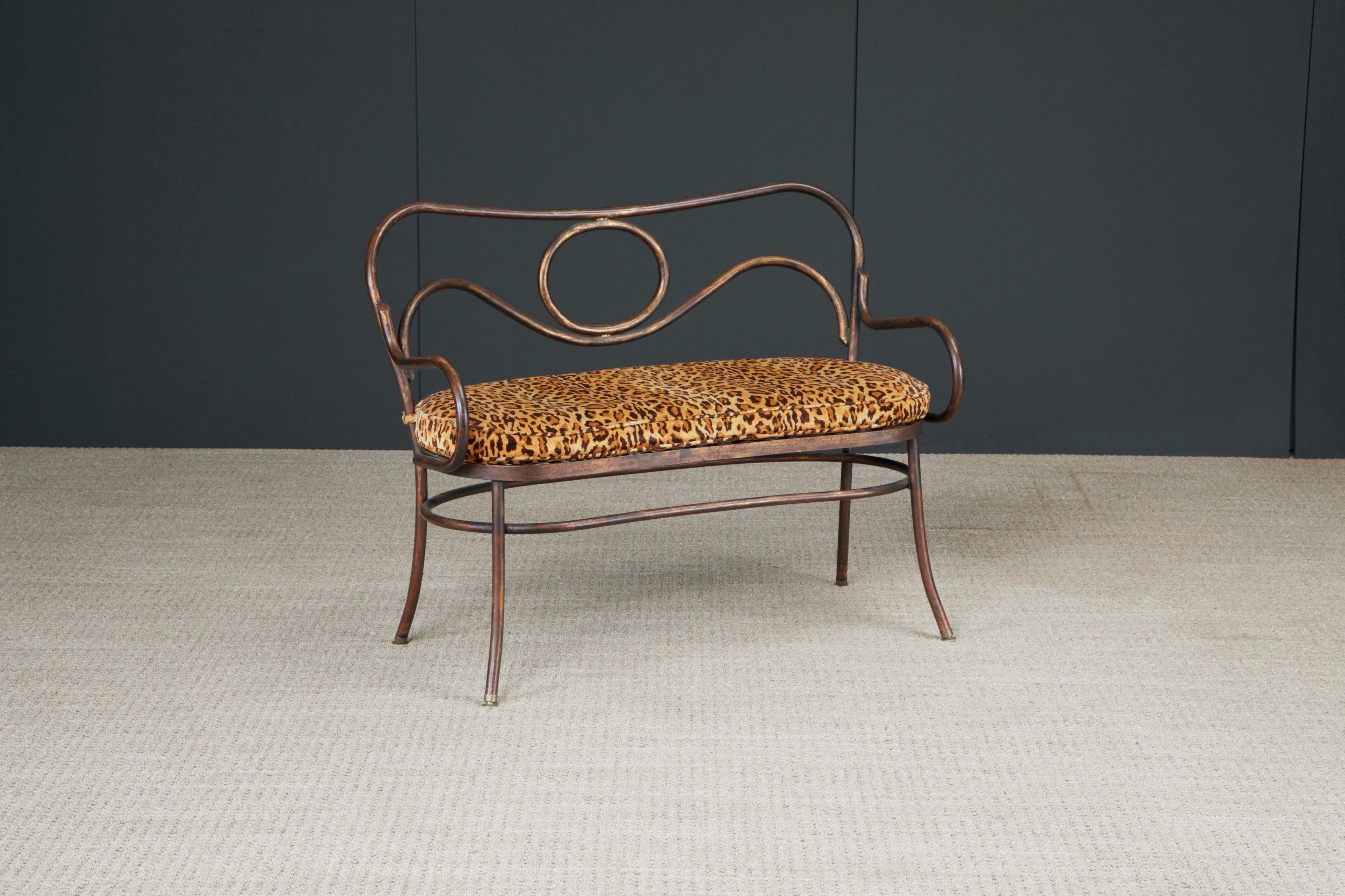 Mid-Century Modern Thonet Styled Patinated Bronze Settee w Leopard Print Fabric For Sale
