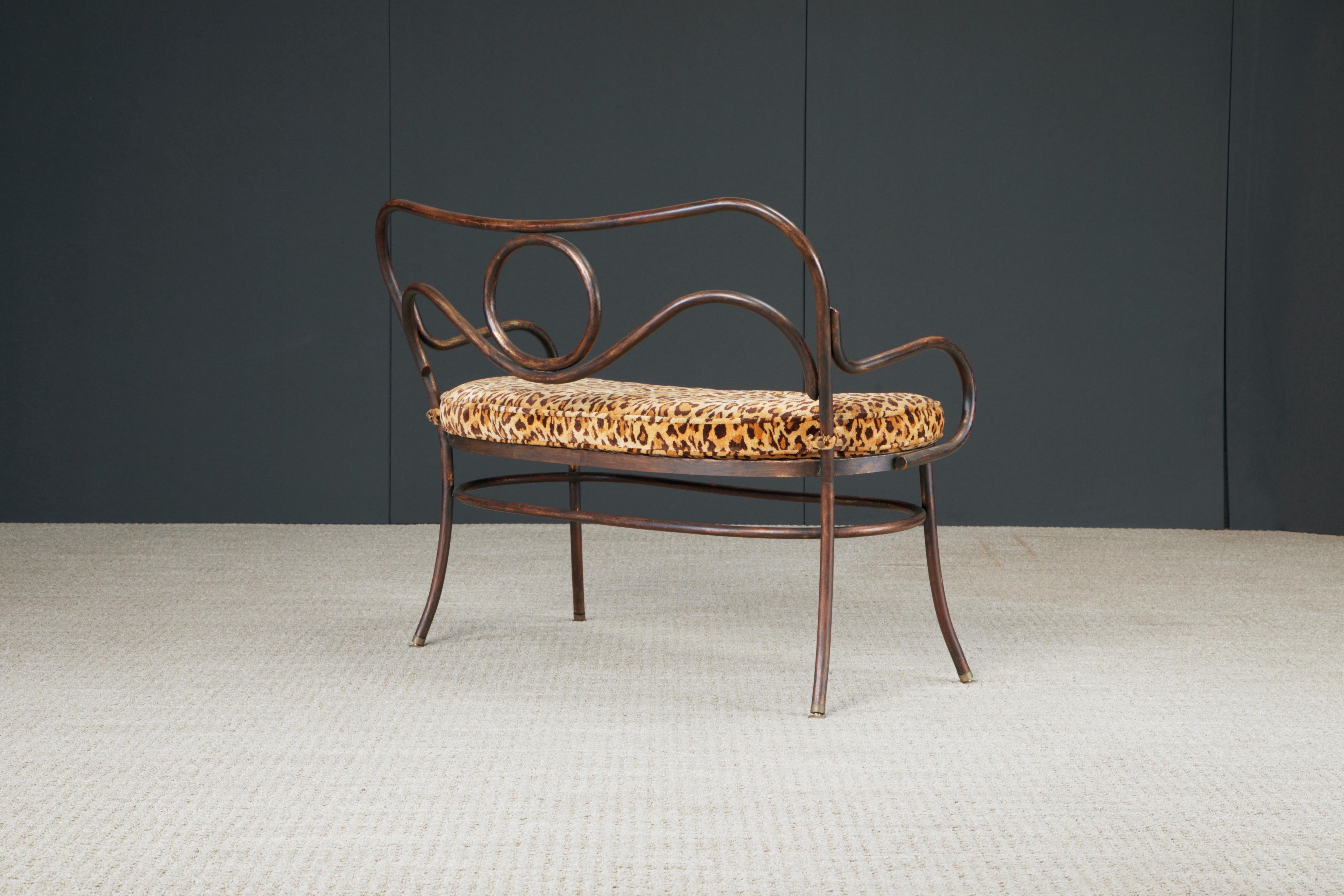 Thonet Styled Patinated Bronze Settee w Leopard Print Fabric For Sale 1