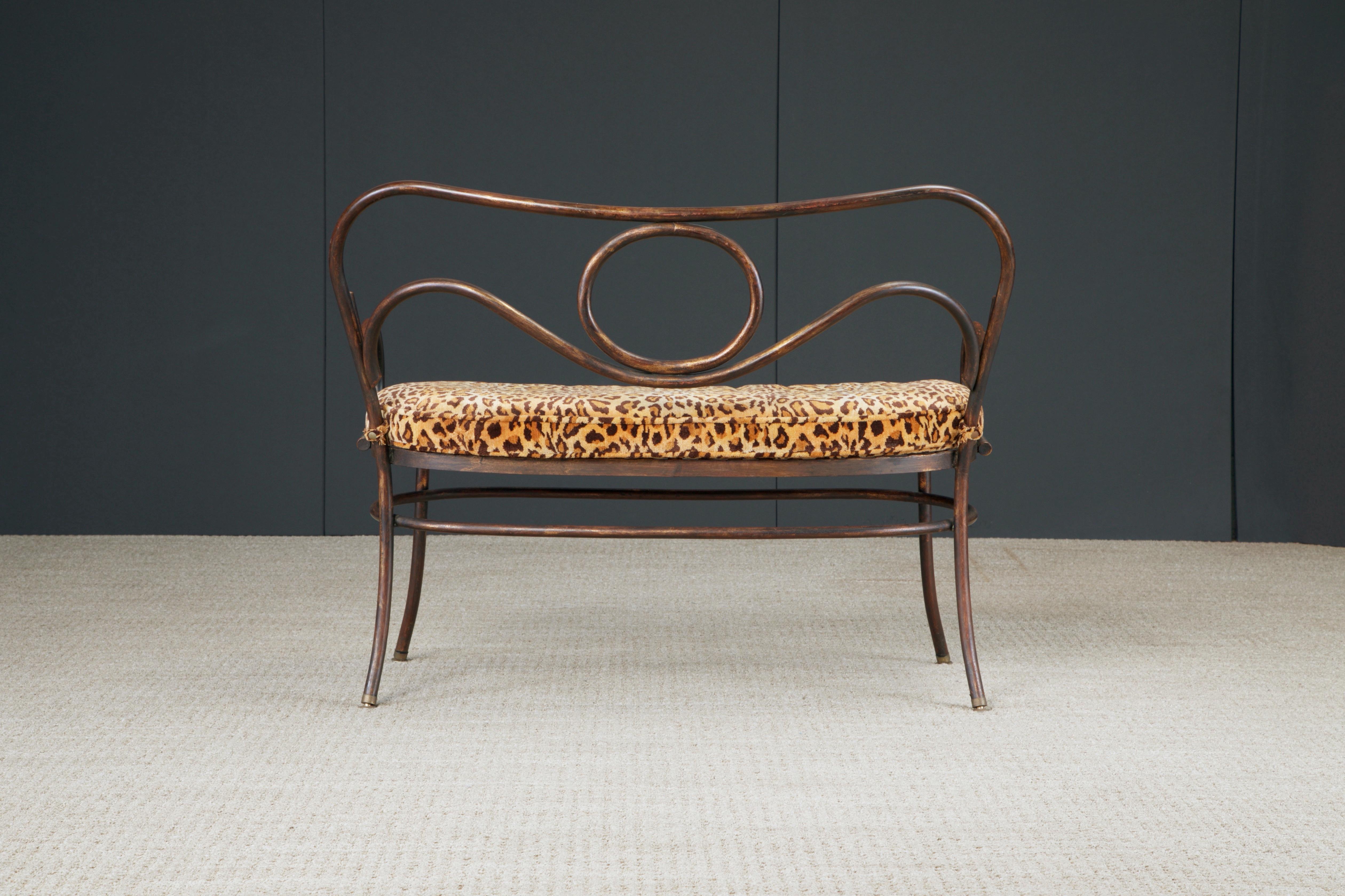 Thonet Styled Patinated Bronze Settee w Leopard Print Fabric For Sale 2