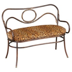 Thonet Styled Patinated Bronze Settee w Leopard Print Fabric