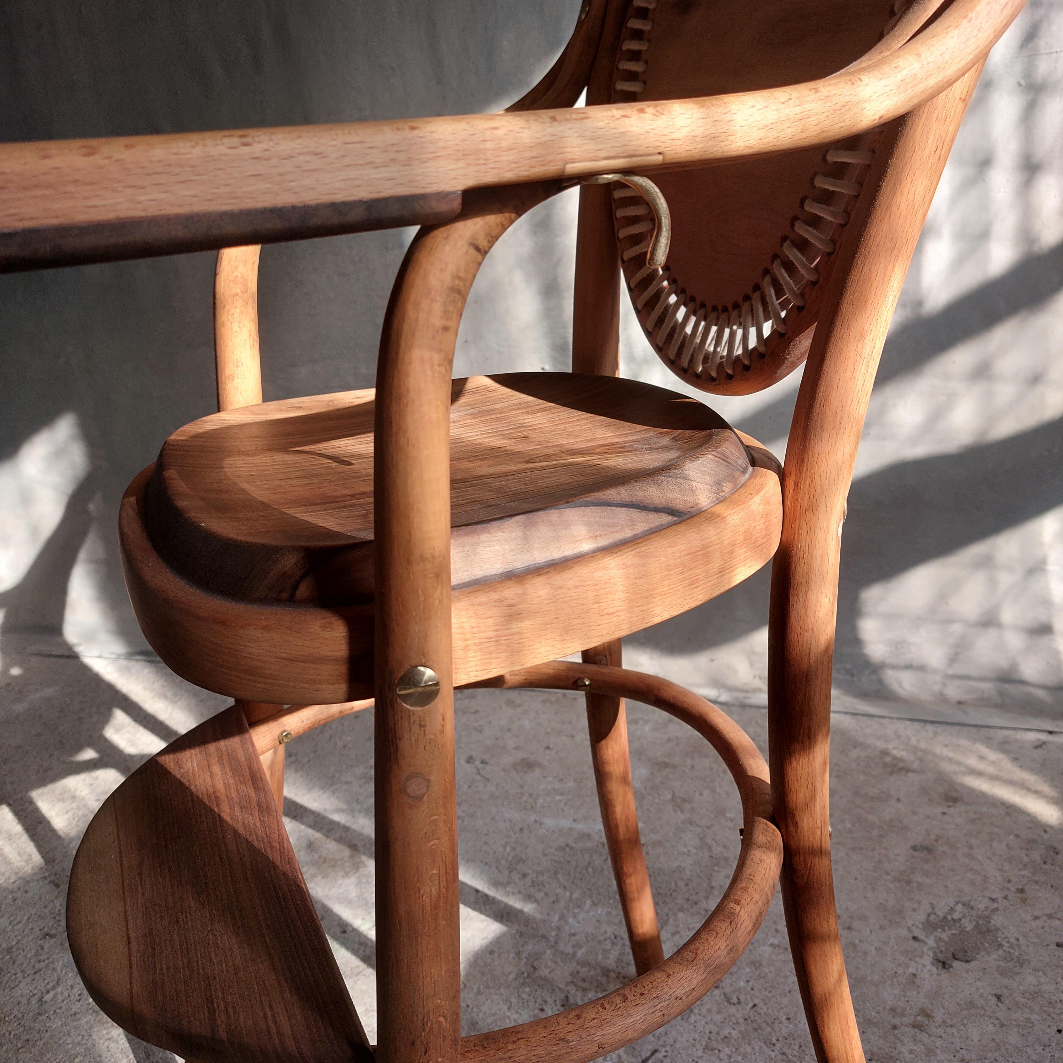 Hand-Carved Thonet Toddler High Chair, Thonet Base, Reinvented Walnut Seat and a Backrest