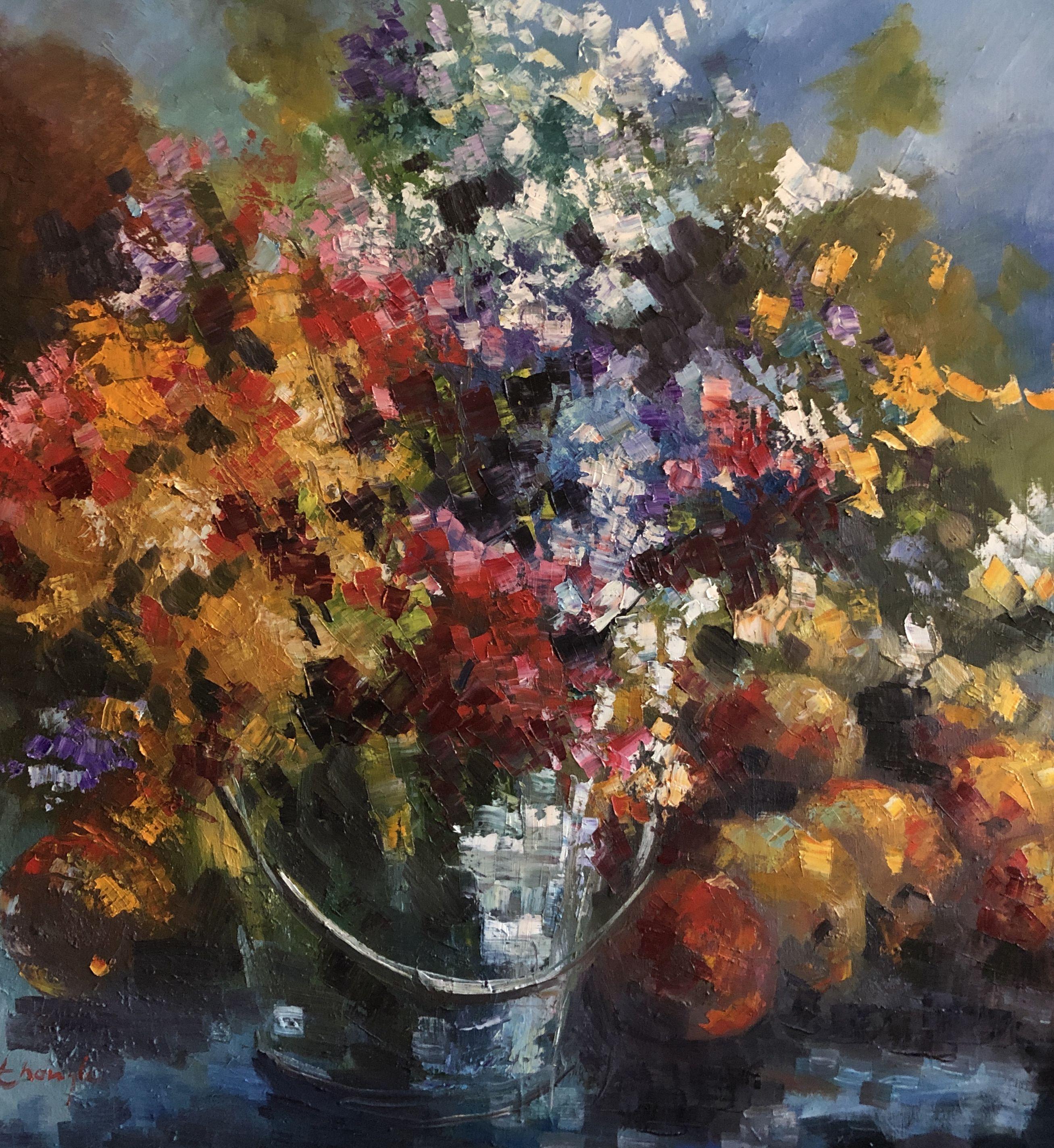 Flor de primavera, Pintura, Óleo sobre lienzo - Painting de Thong Le