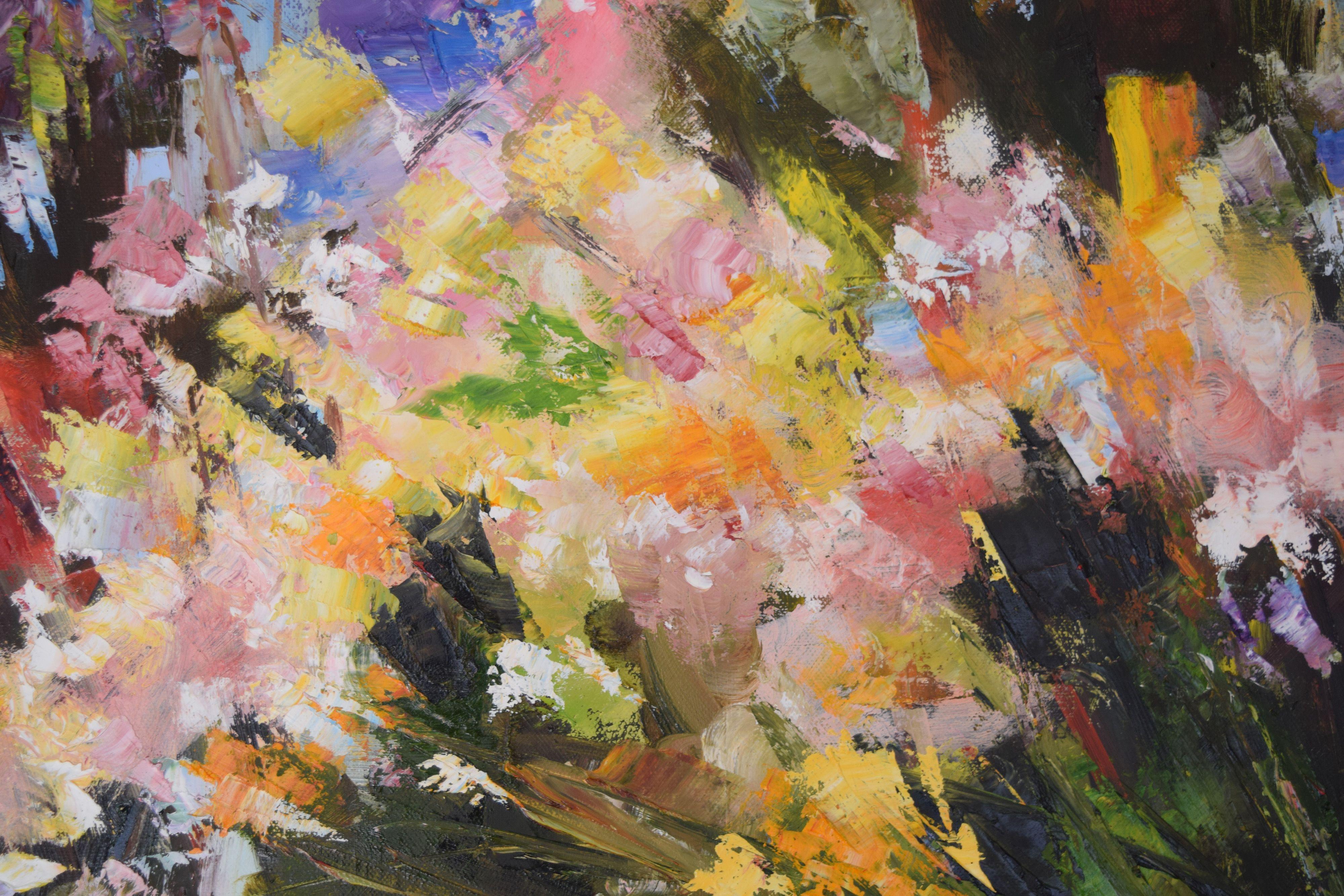 Quadro ad olio su tela, fiori bellissimi e colorati in stile impressionista. :: Pittura :: Impressionista :: Questo pezzo viene fornito con un certificato ufficiale di autenticità firmato dall'artista :: Pronto da appendere: Yes :: Firmato: Yes ::