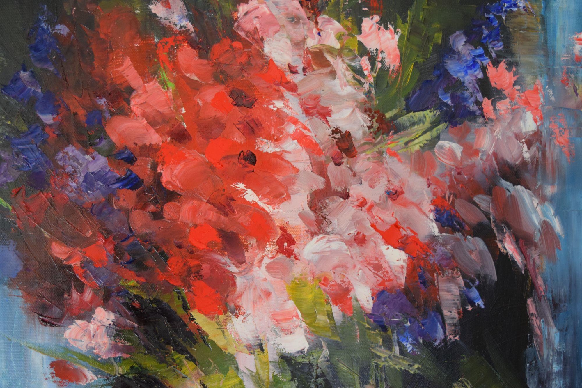 Peinture à l'huile sur toile, une impression de fleurs vibrantes dans un vase en verre : : Peinture : : Impressionniste : : Cette pièce est accompagnée d'un certificat d'authenticité officiel signé par l'artiste : : Prêt à accrocher : Oui : : Signée