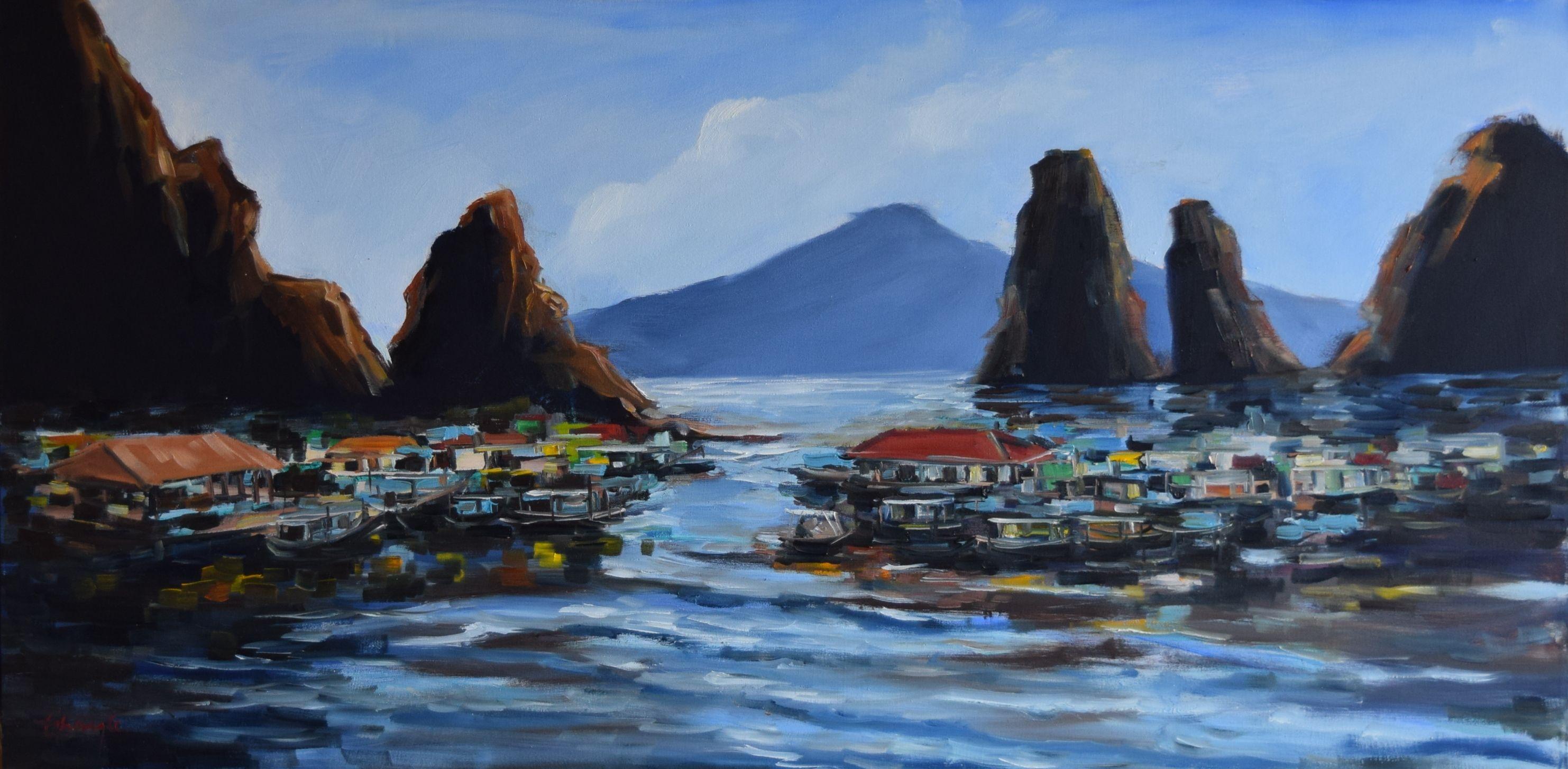 Peinture - Huile sur toile - « Houses on the bay » - Painting de Thong Le
