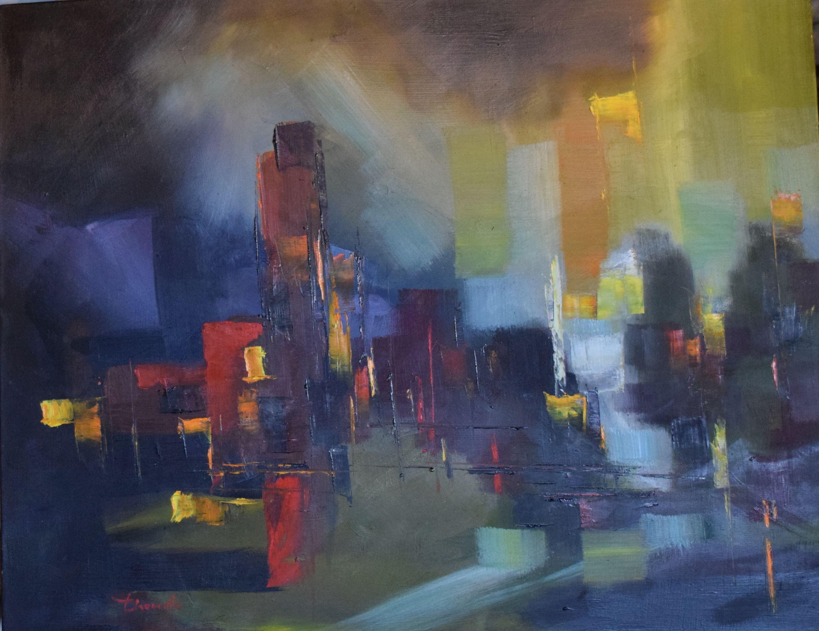 Thong Le Landscape Painting - night on the move, Painting, Oil on Canvas