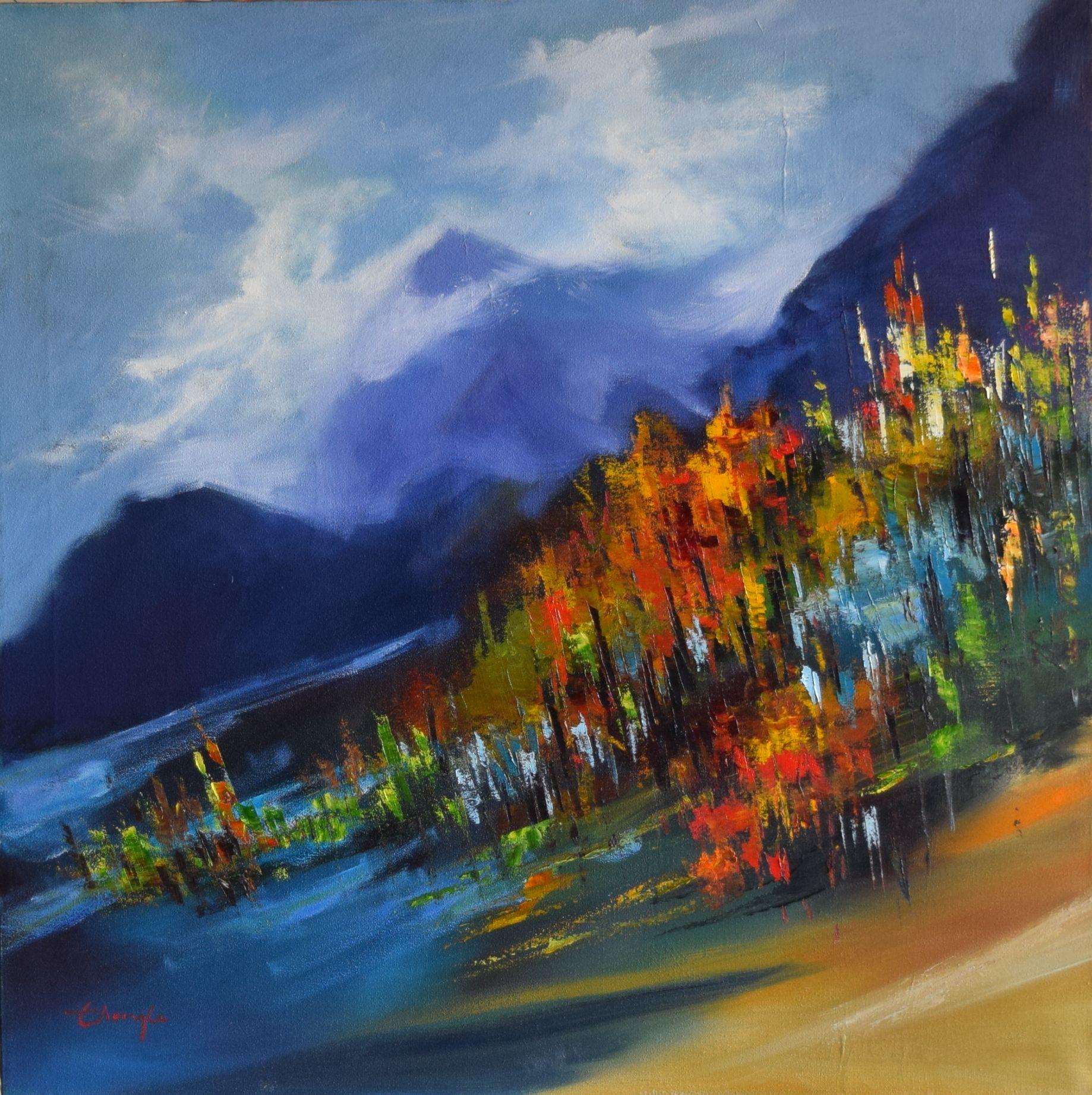 Landscape an island in fall season :: Painting :: Expressionism :: This piece comes with an official certificate of authenticity signed by the artist :: Ready to Hang: Yes :: Signed: Yes :: Signature Location: bottom left :: Canvas :: Diagonal ::