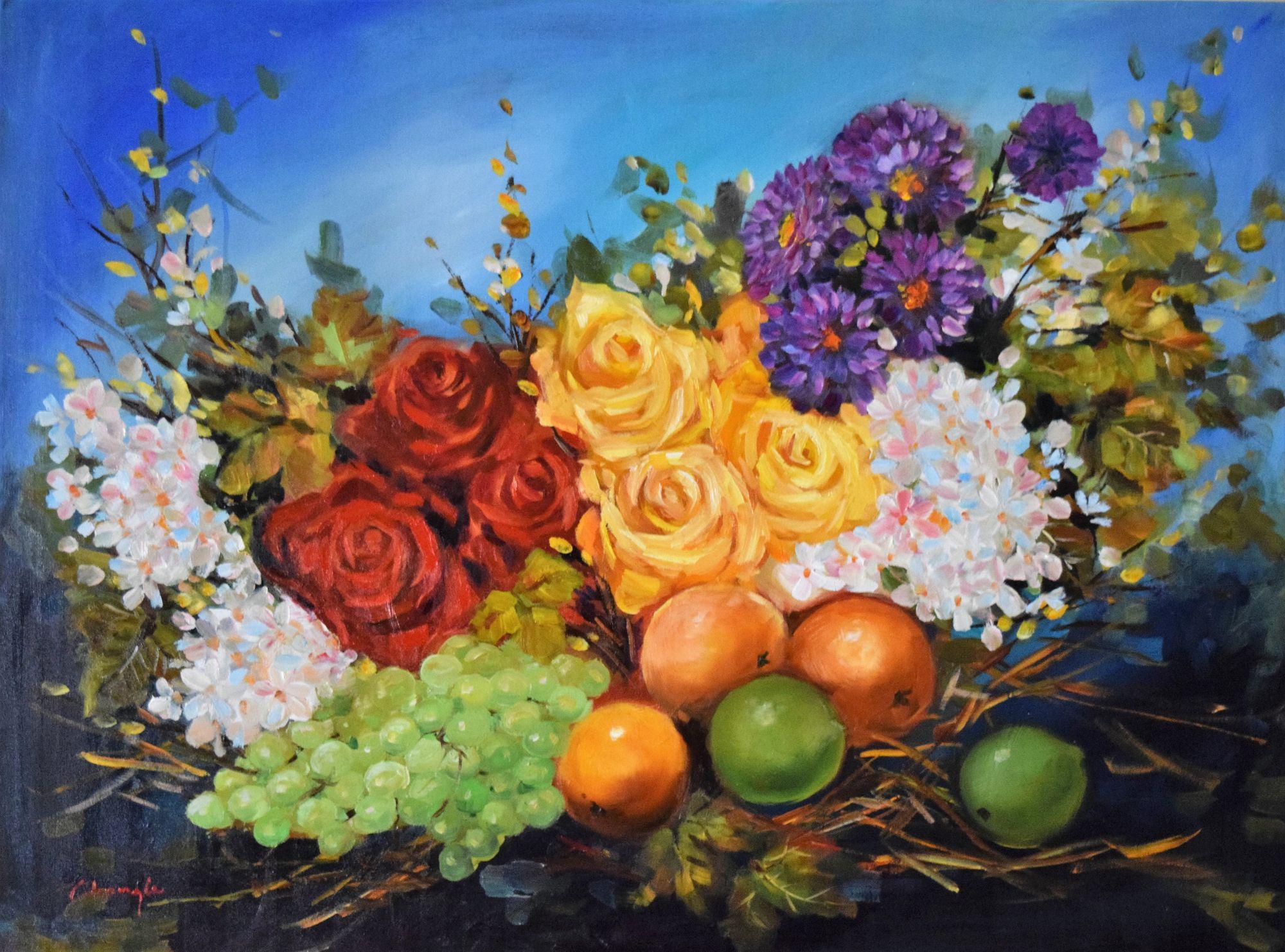 Natura morta con rose, Pittura, Olio su tela - Painting di Thong Le