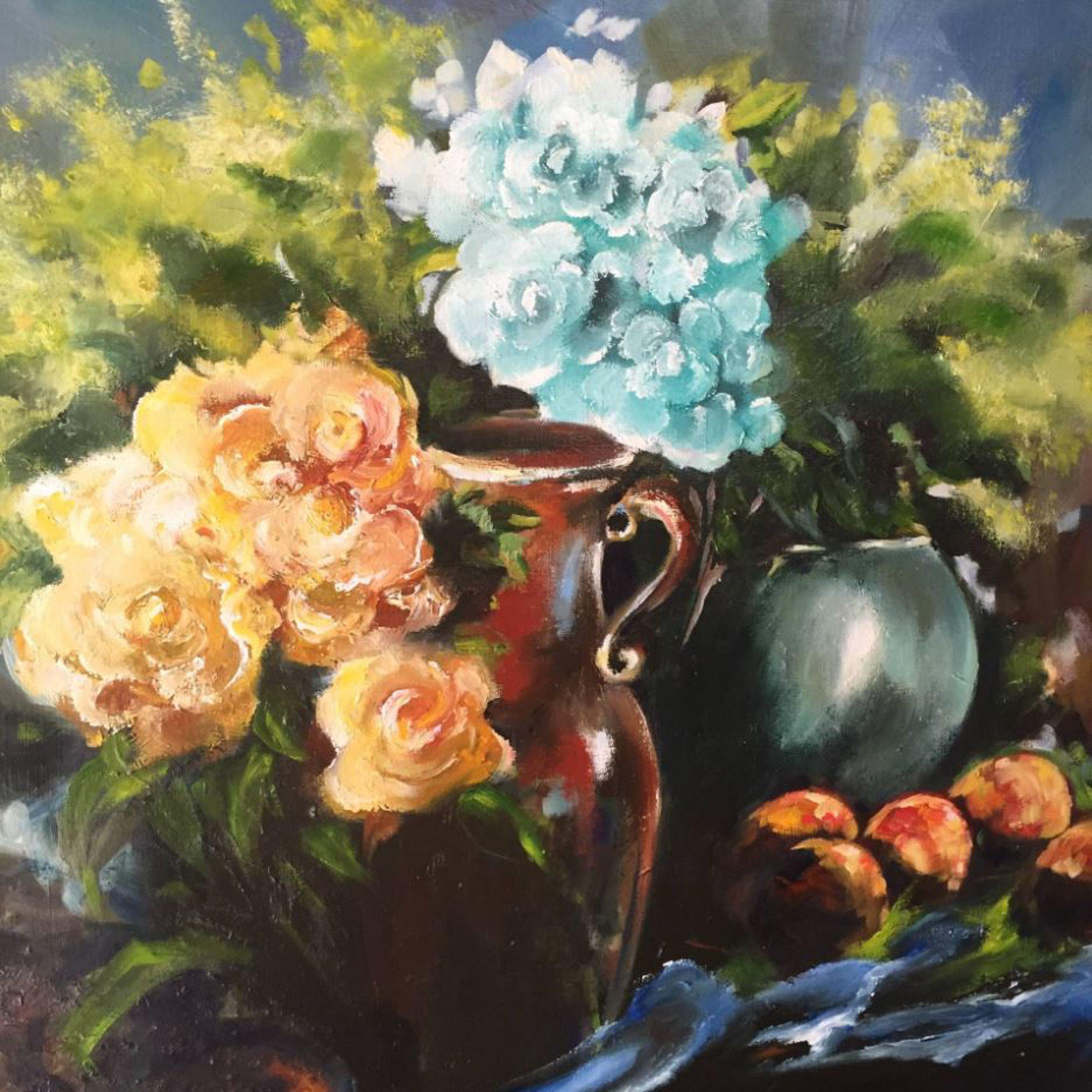 Natura morta giallo-blu, Pittura, Olio su tela - Painting di Thong Le