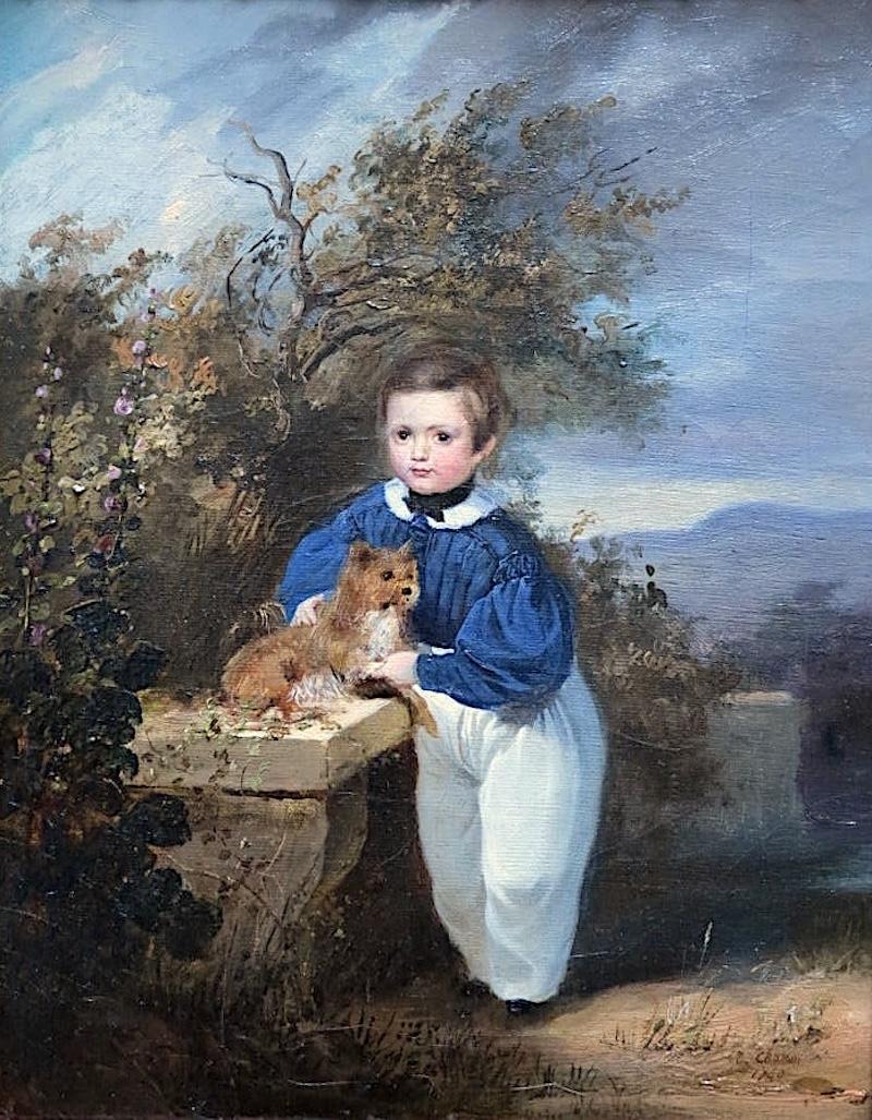 Full length portrait of a child with his dog - Painting by Théophile Charon-Lémérillon