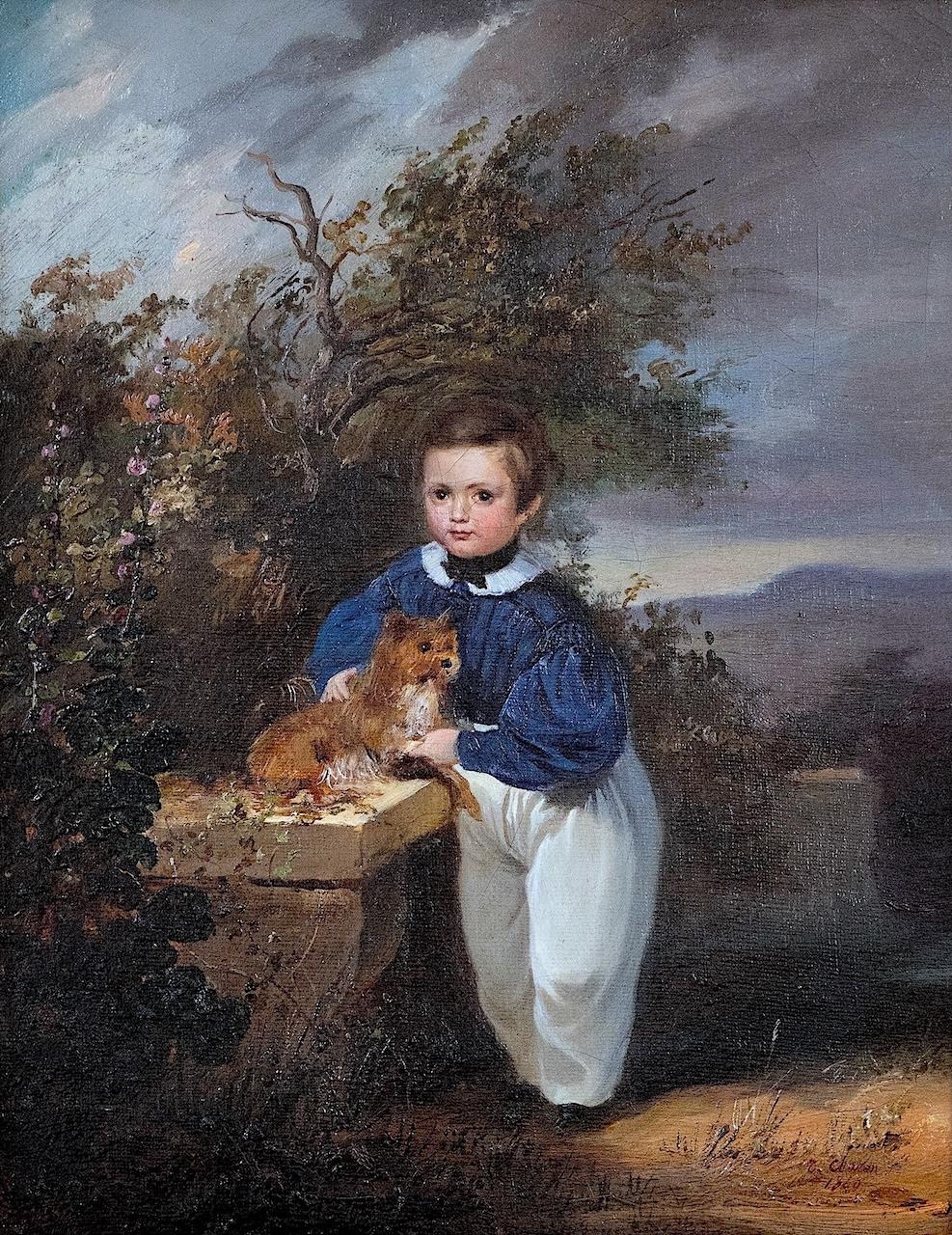 Full-length portrait of Jules Michel Simonet (1834-1881) as a child with his dog - Painting by Théophile Charon-Lémérillon