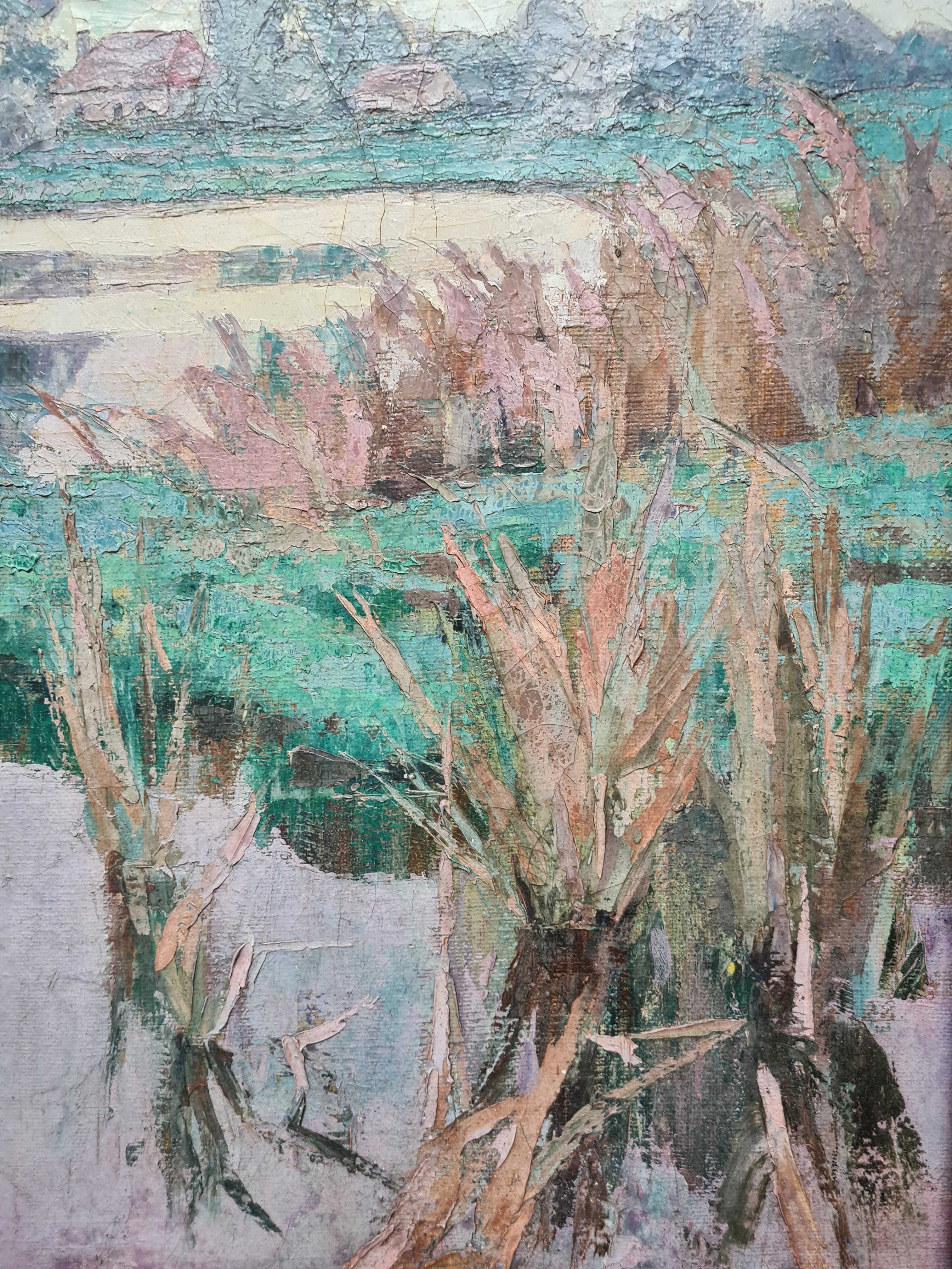 Paisaje Impresionista Francés, Gran Óleo sobre Lienzo Las Eneas, 'Les Joncs' 1