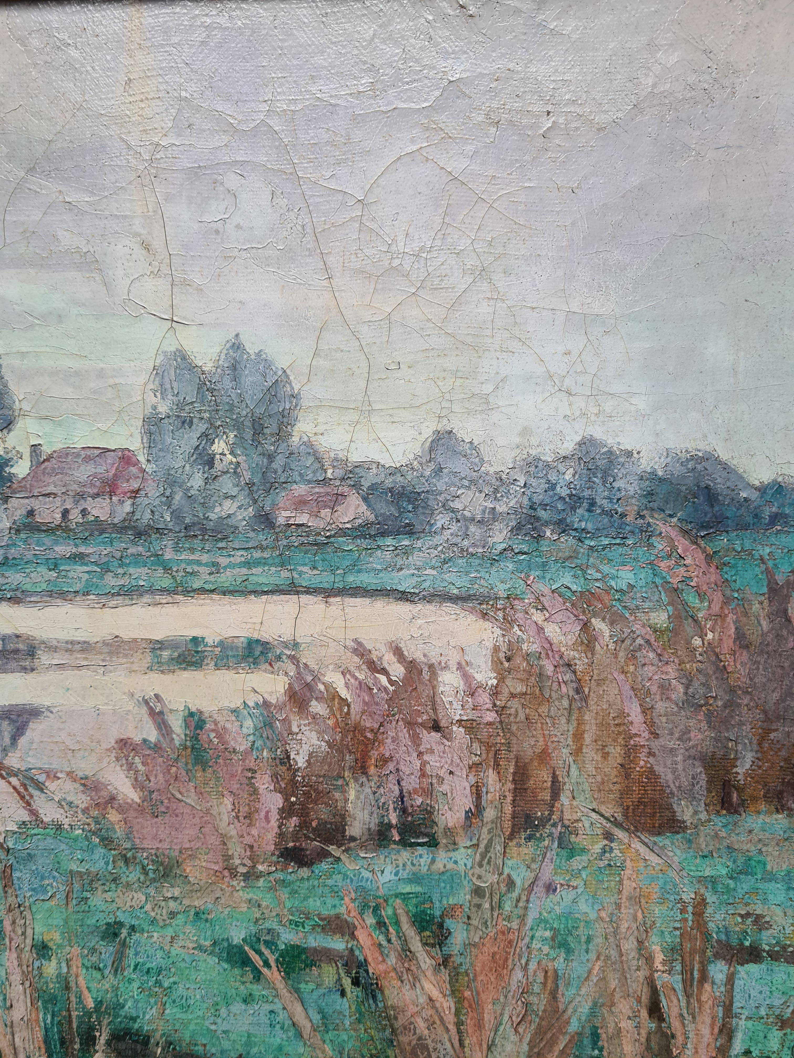 Paisaje Impresionista Francés, Gran Óleo sobre Lienzo Las Eneas, 'Les Joncs' 3