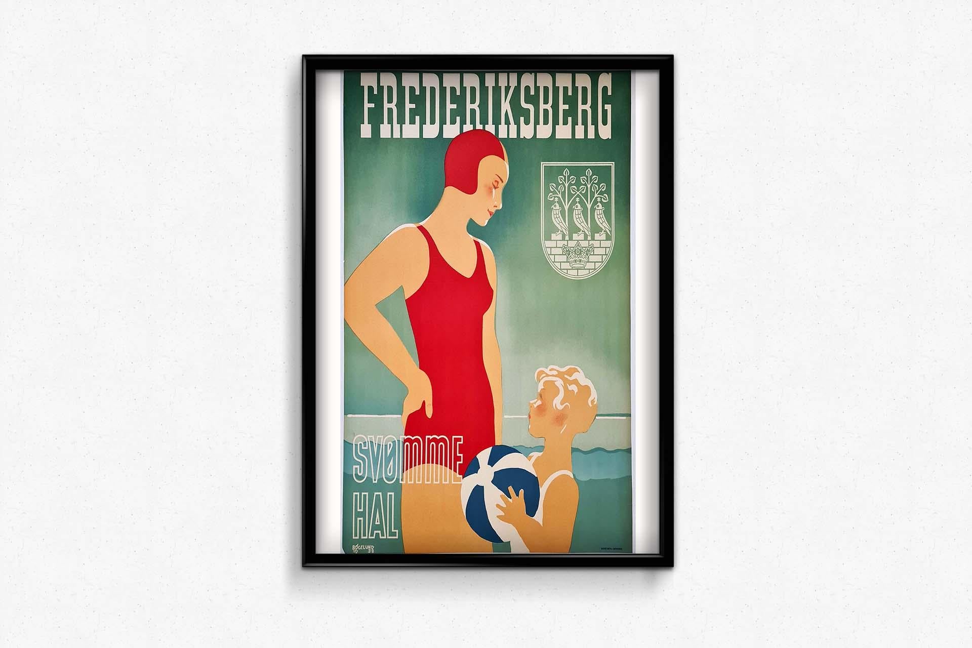 Danish travel poster created by Bogelund (1890-1959) advertising Frederiksberg Svomme Hal, a large indoor public pool in Frederiksberg, Denmark.
