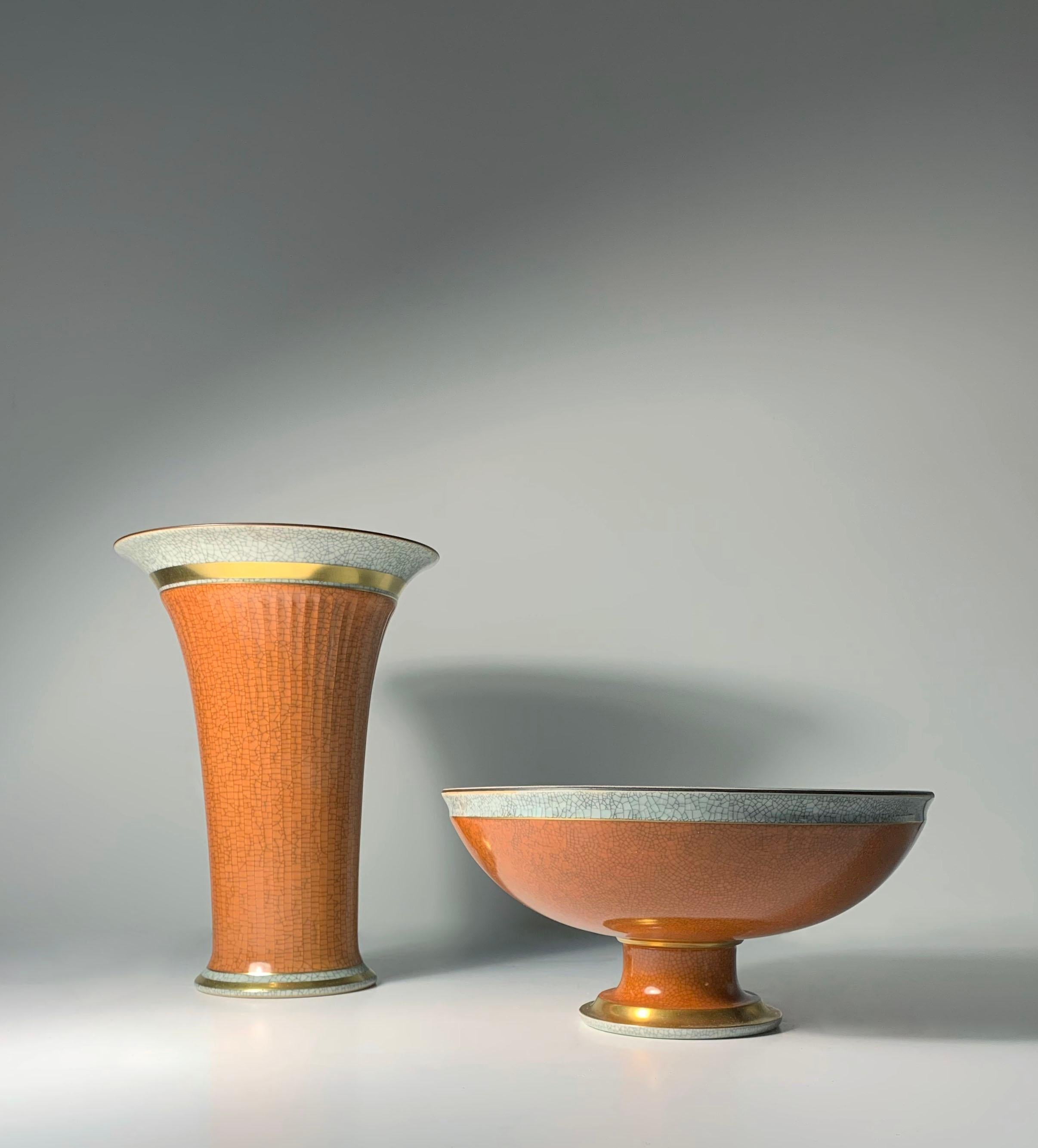 Thorkild Olsen for Royal Copenhagen, Terracotta Craquelure Gilded Compote Bowl with Vase 
Sold as a set,

Bowl Dimensions:
Diameter 9.75