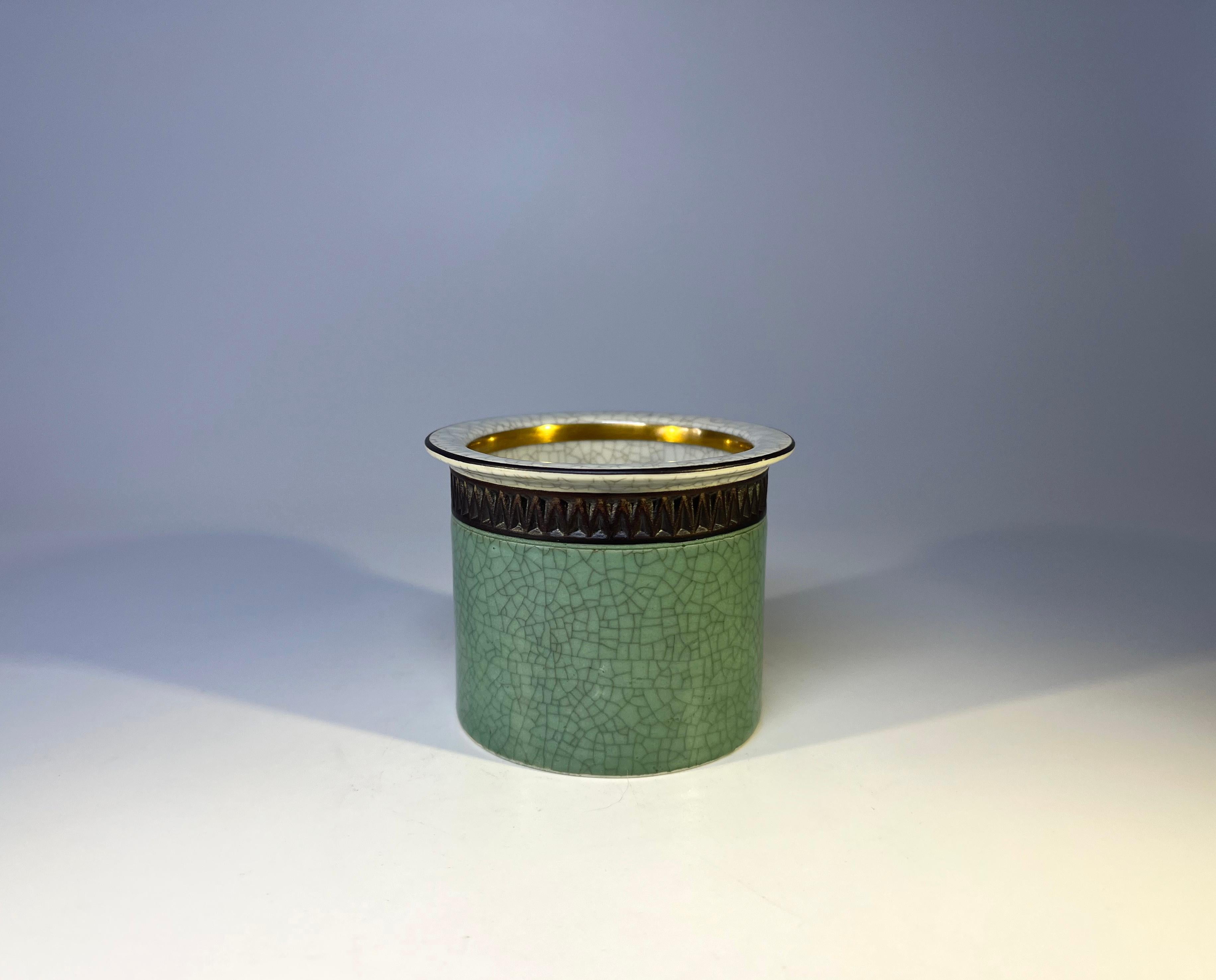 Art Deco Thorkild Olsen for Royal Copenhagen Crackle Glaze Cache Pot Gilded Band #2915