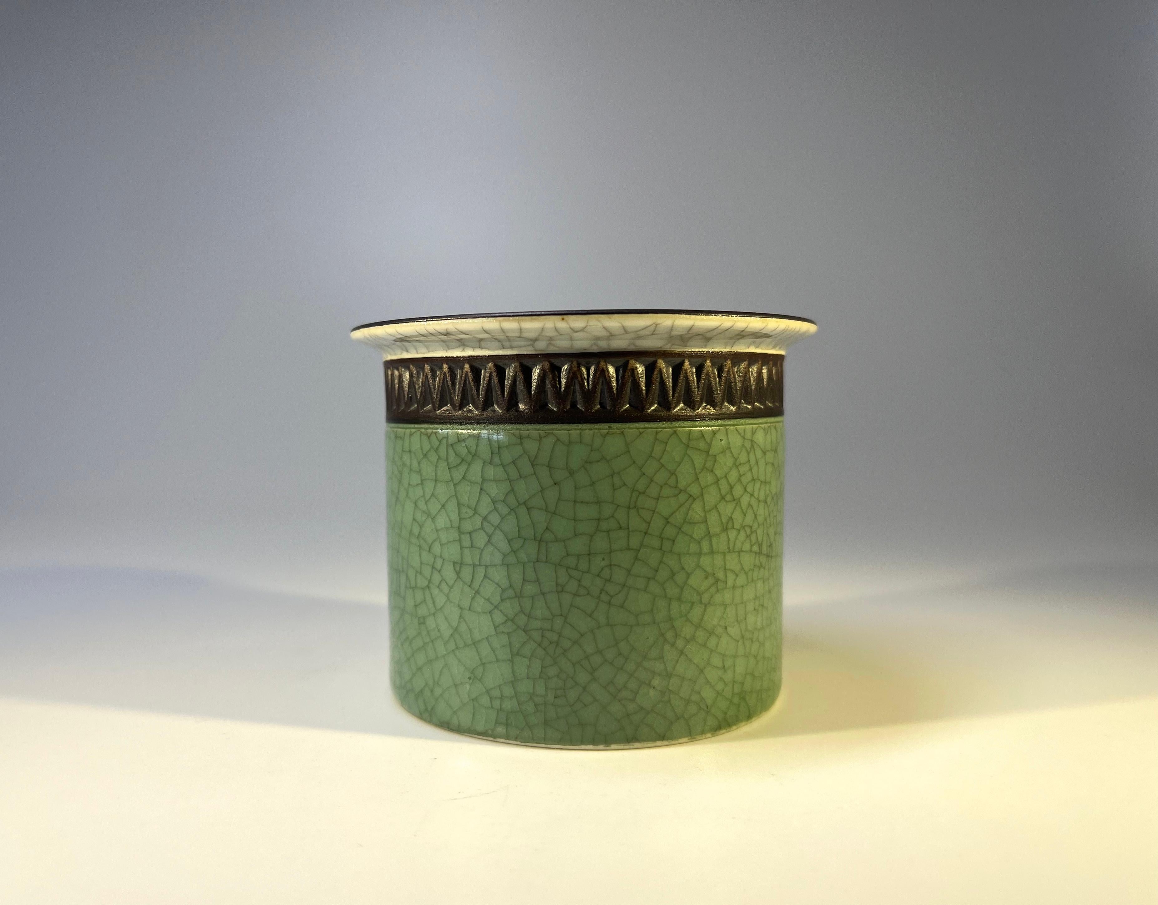 Glazed Thorkild Olsen for Royal Copenhagen Crackle Glaze Cache Pot Gilded Band #2915